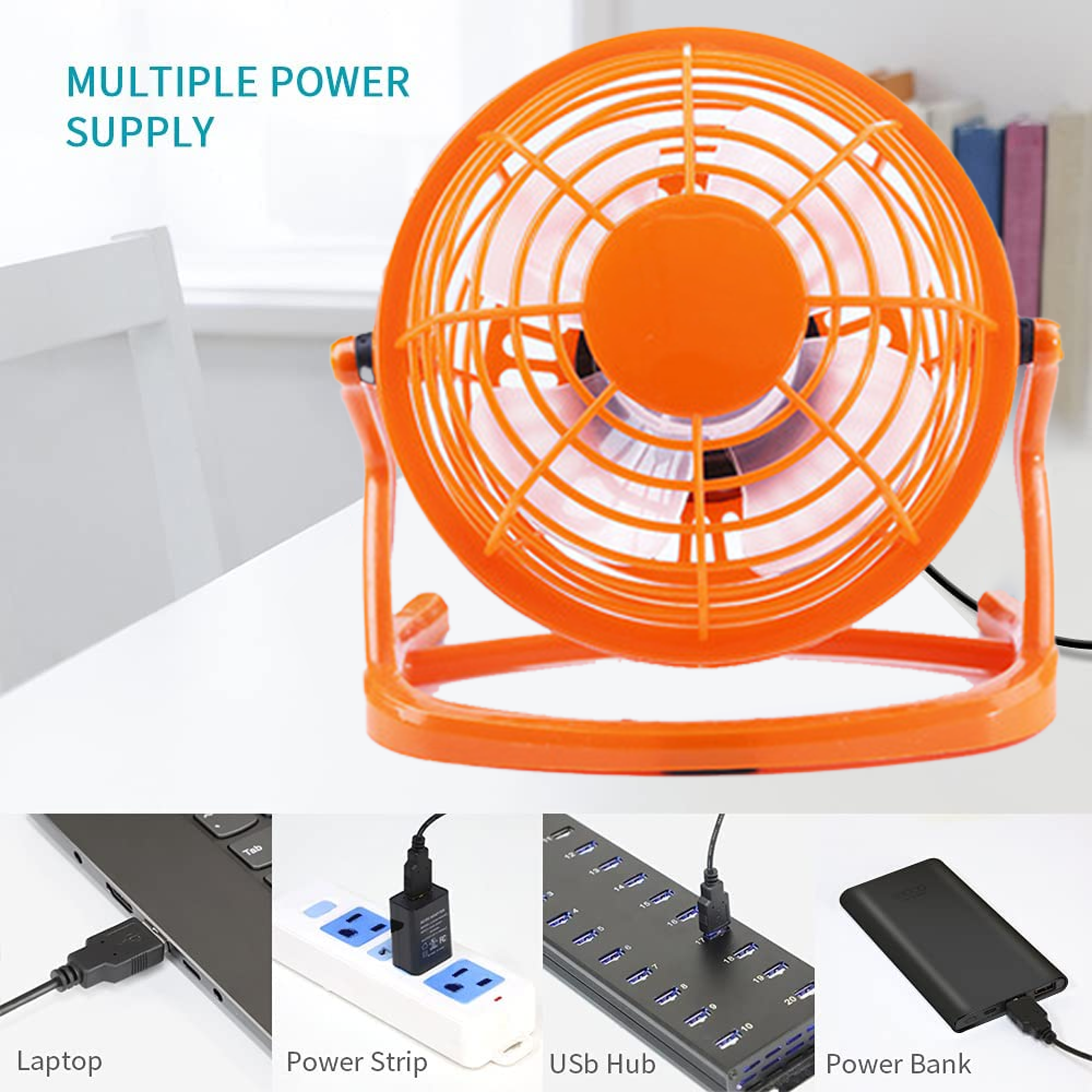 Orange USB-Lüfter auf Schreibtisch mit Laptop, Steckdosenleiste, USB-Hub und Powerbank.