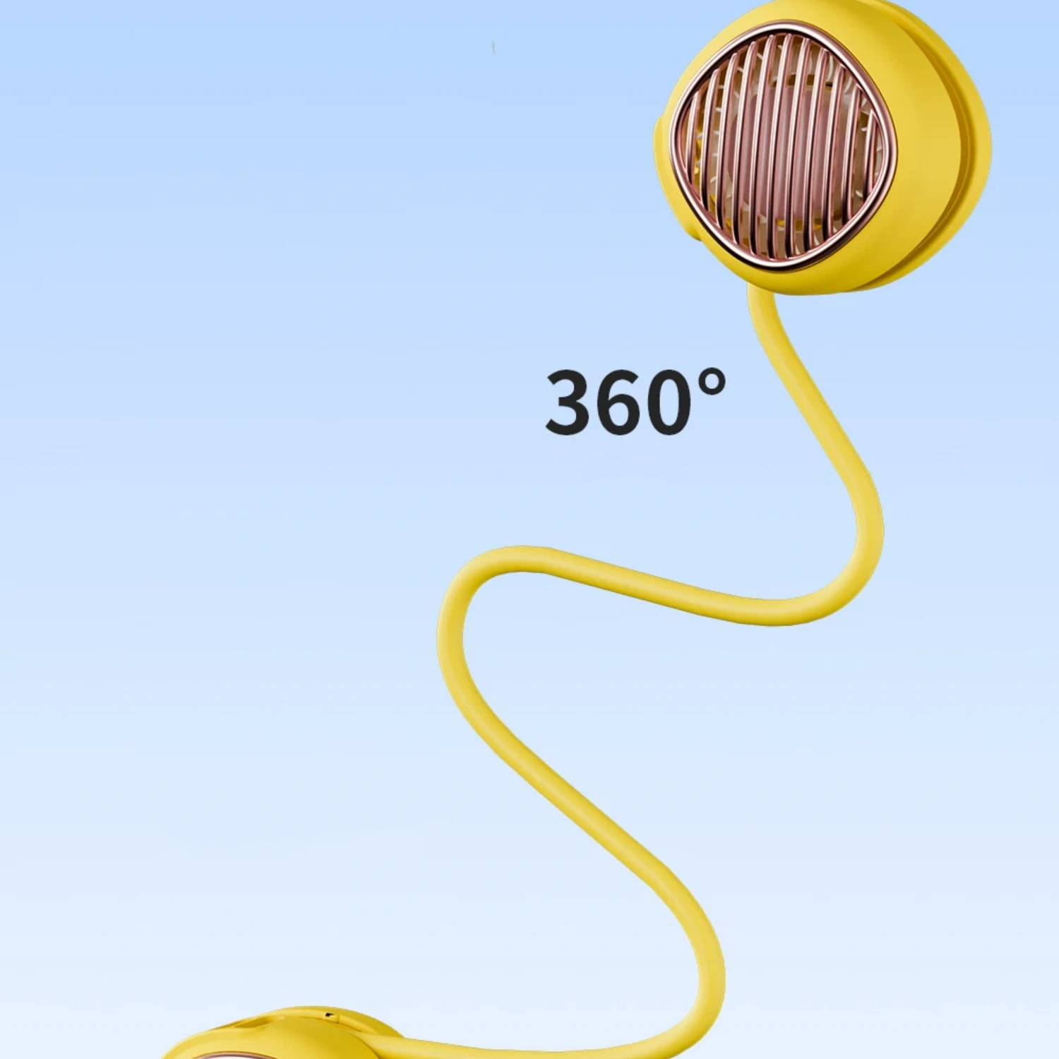 Ein gelber tragbarer Ventilator mit flexiblem Hals und Roségoldgitter vor blauem Himmel.