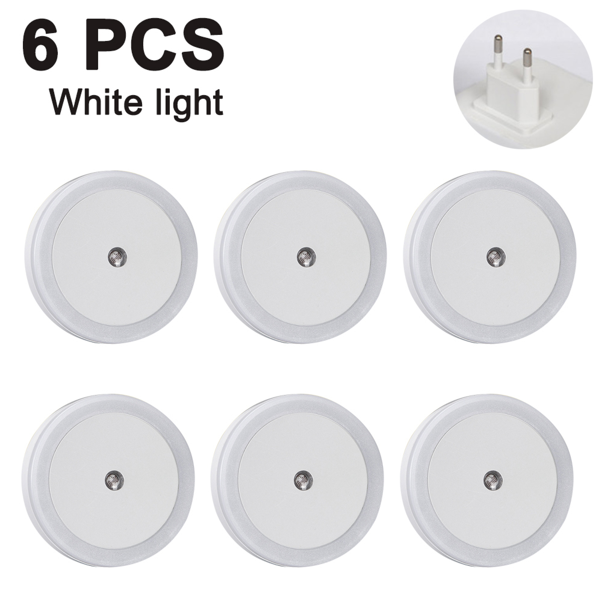 Sechs weiße LED-Nachtlichter mit Stecker und kleiner Lampe in der Mitte.