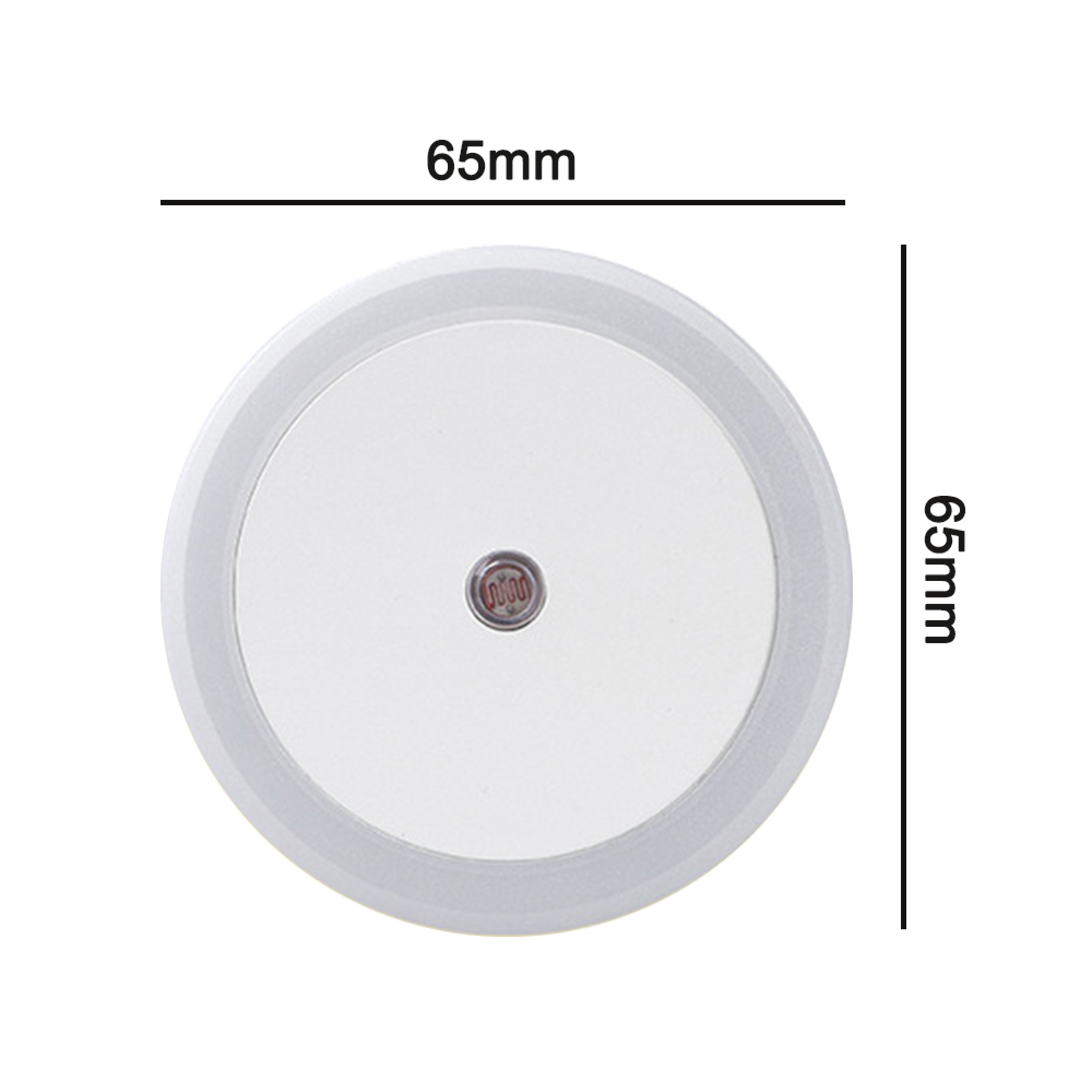 Ein rundes Nachtlicht mit 65mm Maßen und einem Lichtsensor in der Mitte.