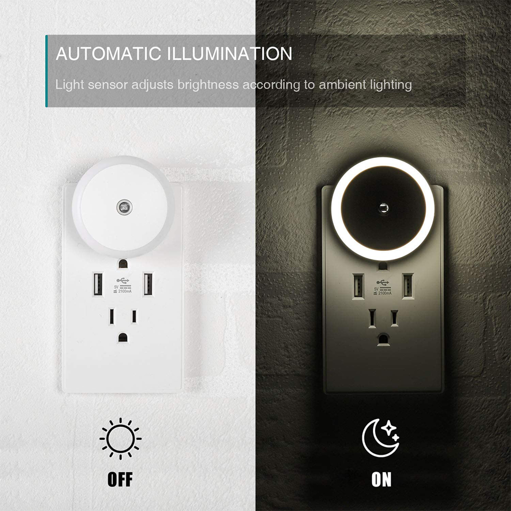 Ein Steckdosenadapter mit zwei USB-Anschlüssen, einmal mit Licht aus, einmal mit Licht an.