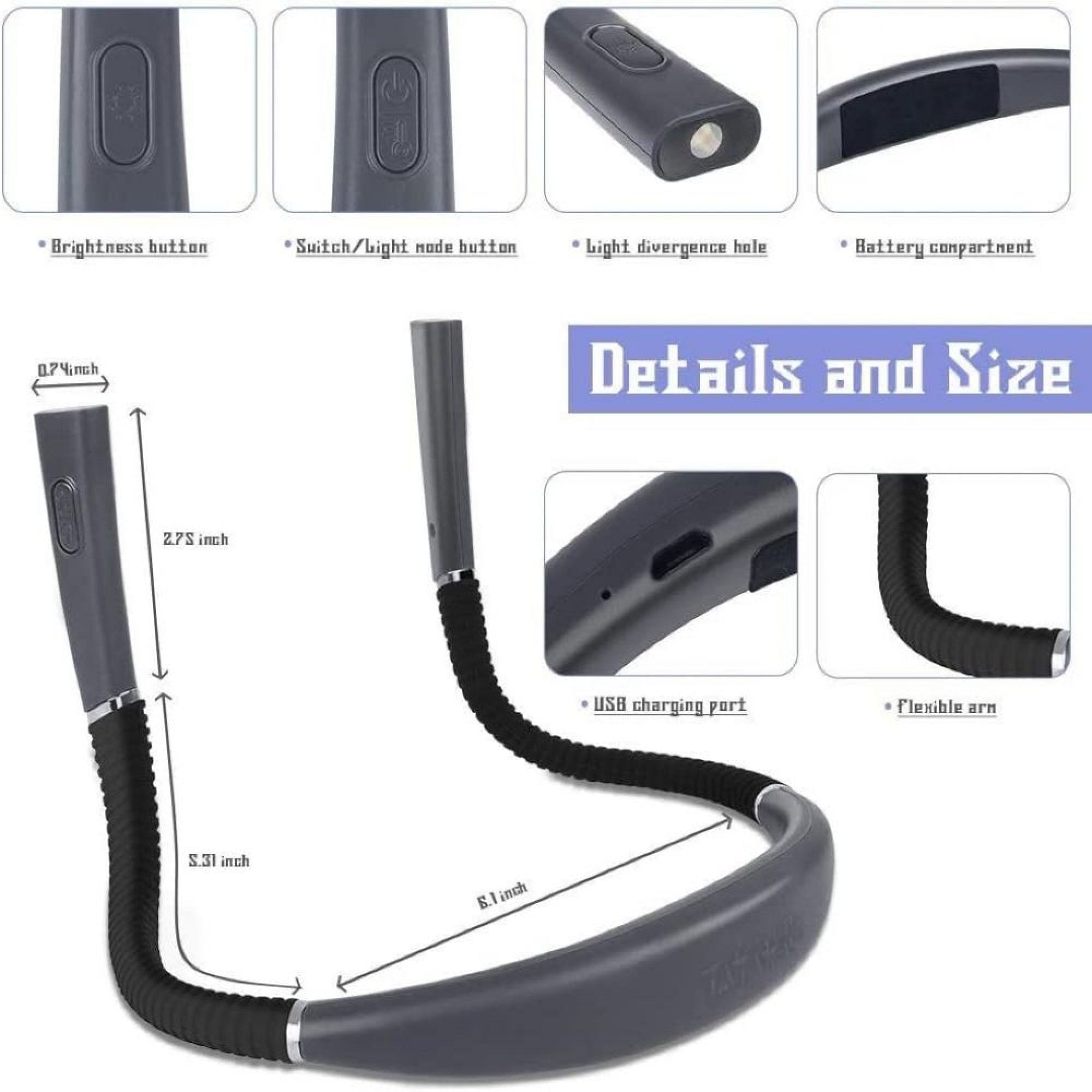 Graues Nacklicht mit flexiblem Arm, USB-Anschluss, Knöpfen und Batteriefach.