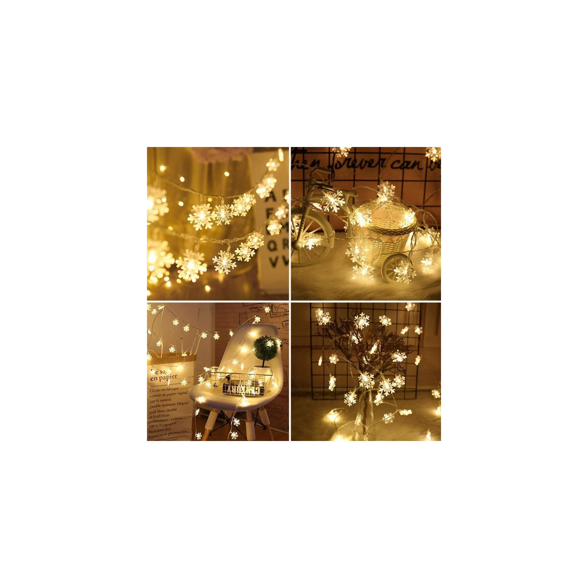 Eine Collage aus vier Bildern mit Lichterketten in Schneeflockenform.