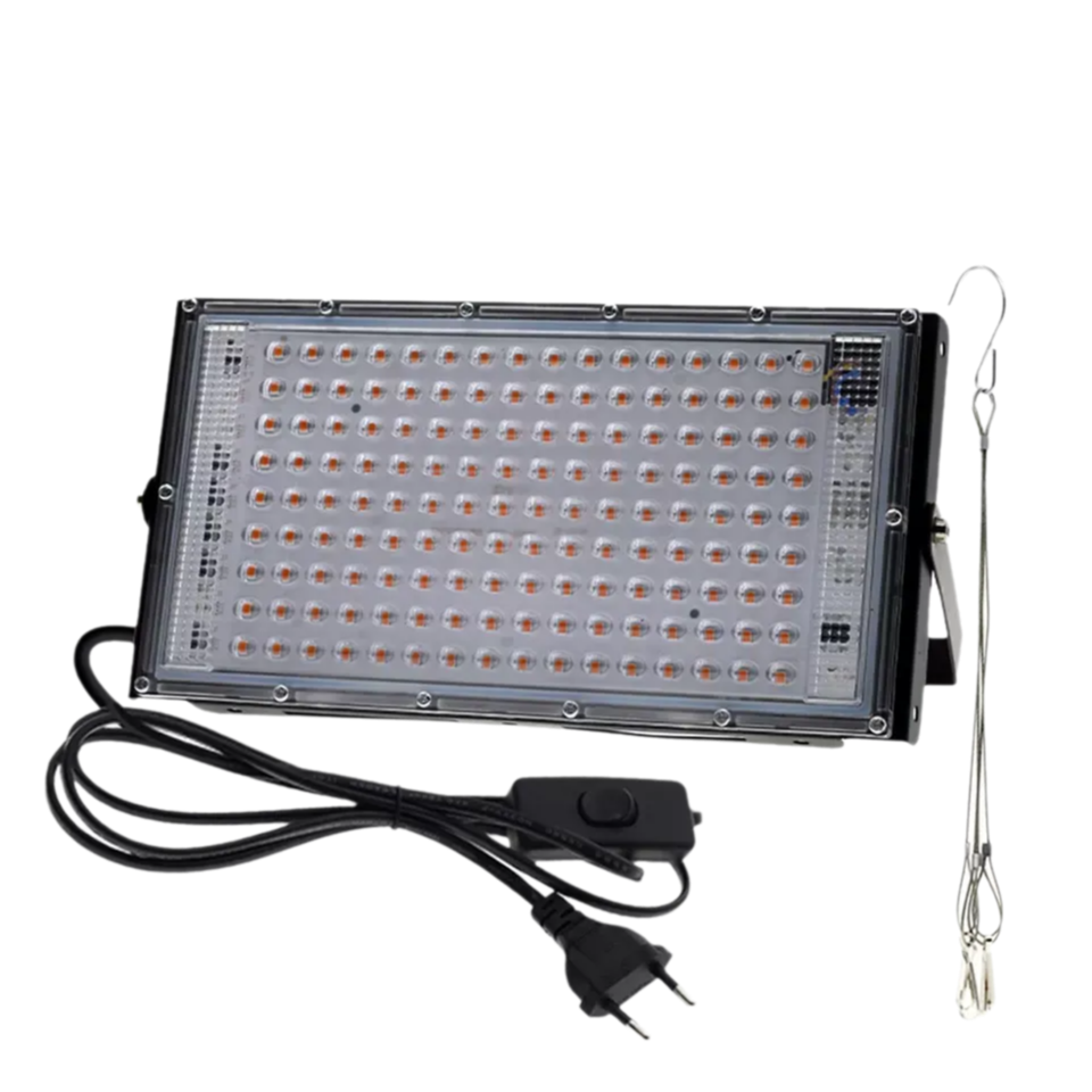 Ein rechteckiges LED-Licht mit vielen kleinen orangen LEDs, Stromkabel und Aufhängehaken.