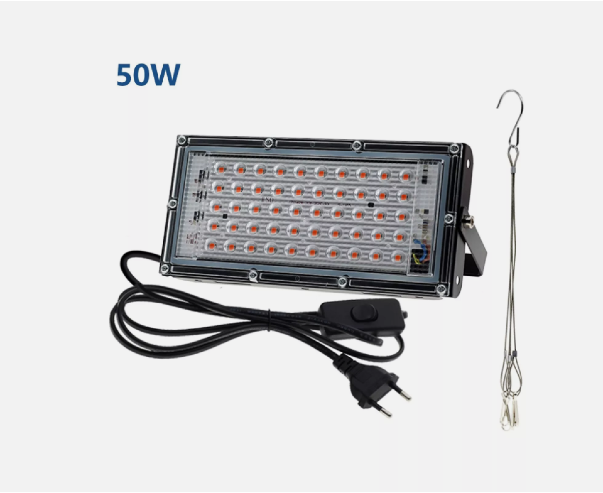Eine 50W LED-Flutlichtlampe mit roten LEDs, einem Netzkabel und einem Haken.