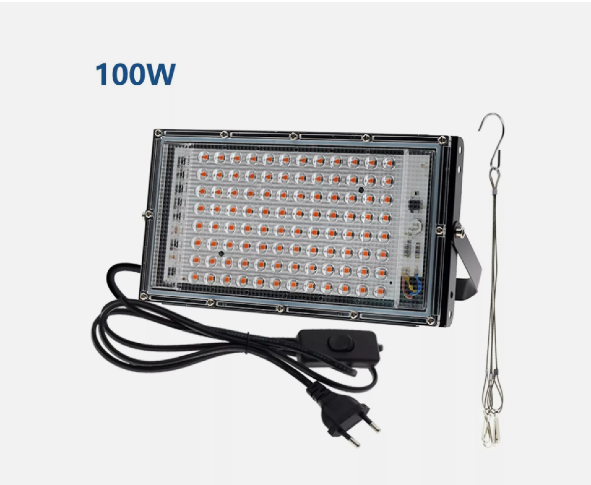 100W LED-Fluter mit Netzkabel, Stecker, Schalter und Aufhängehaken.