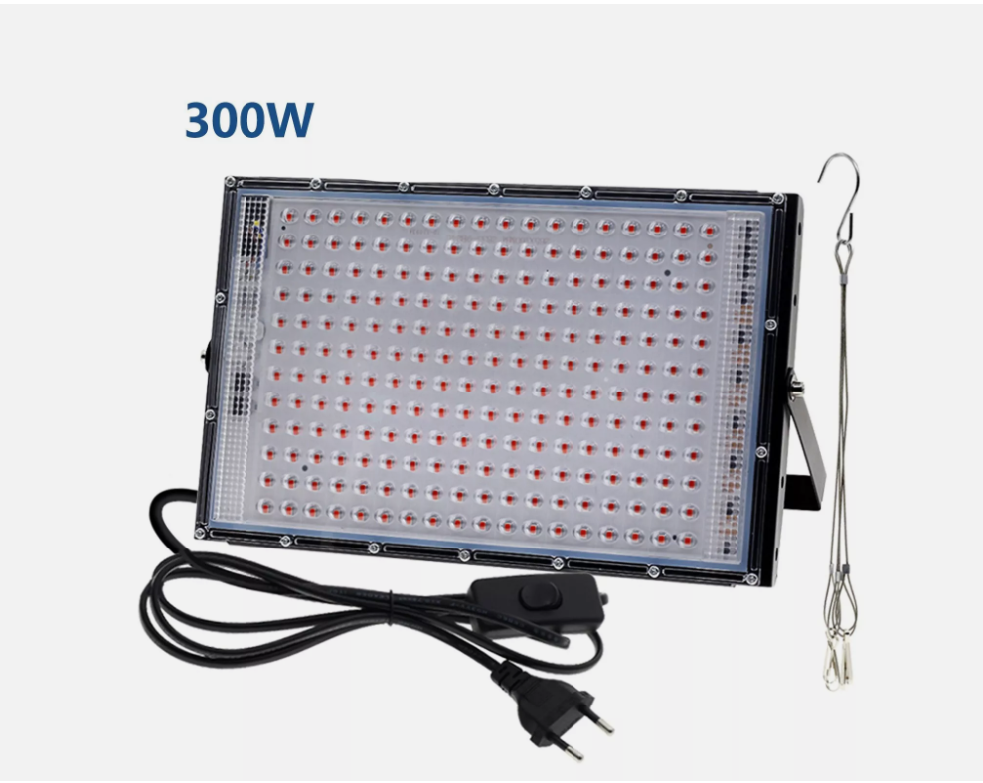 Ein 300W LED-Flutlicht mit roten LEDs und einem Aufhängehaken.