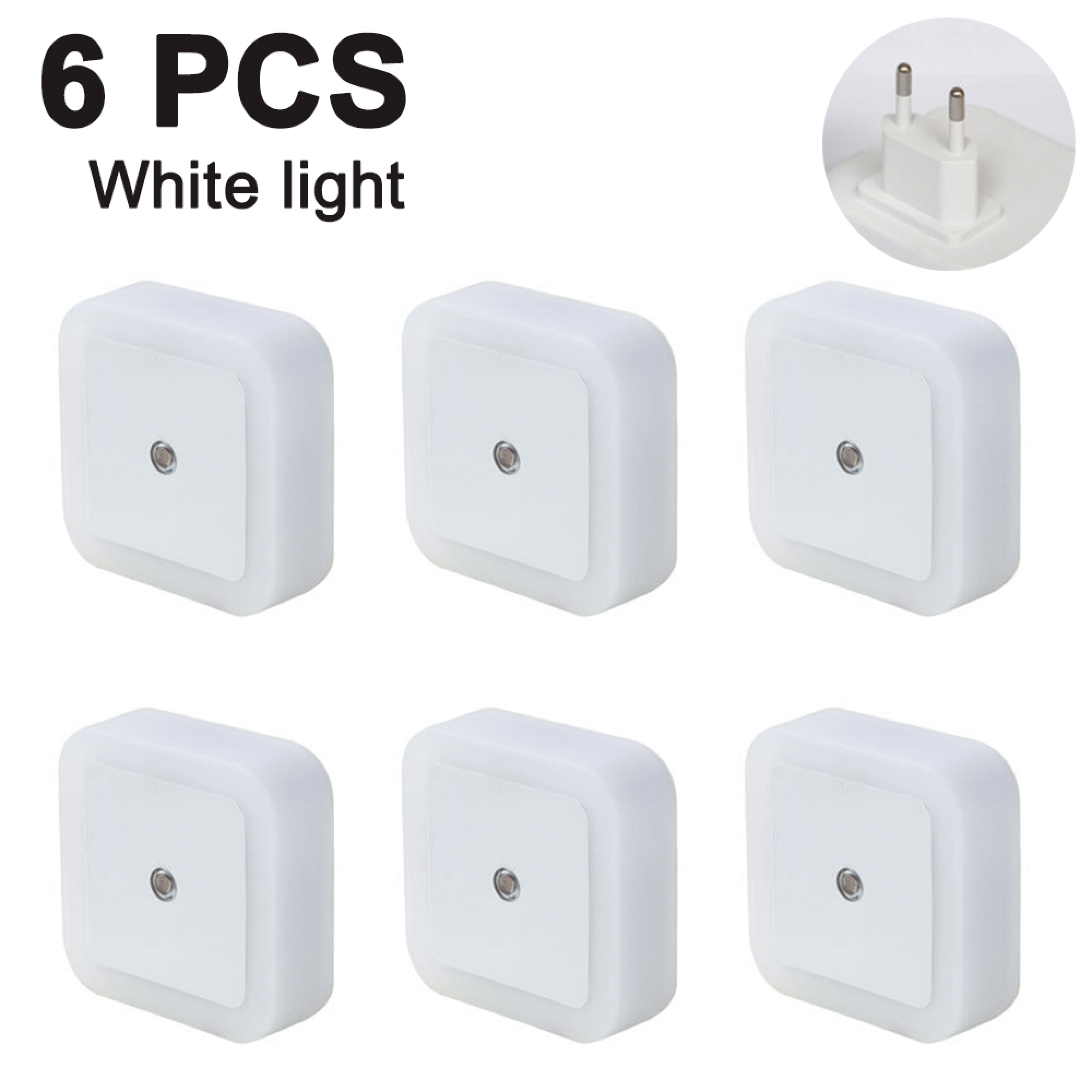 Sechs weiße Nachtlichter mit Stecker und kleiner Linse in der Mitte.