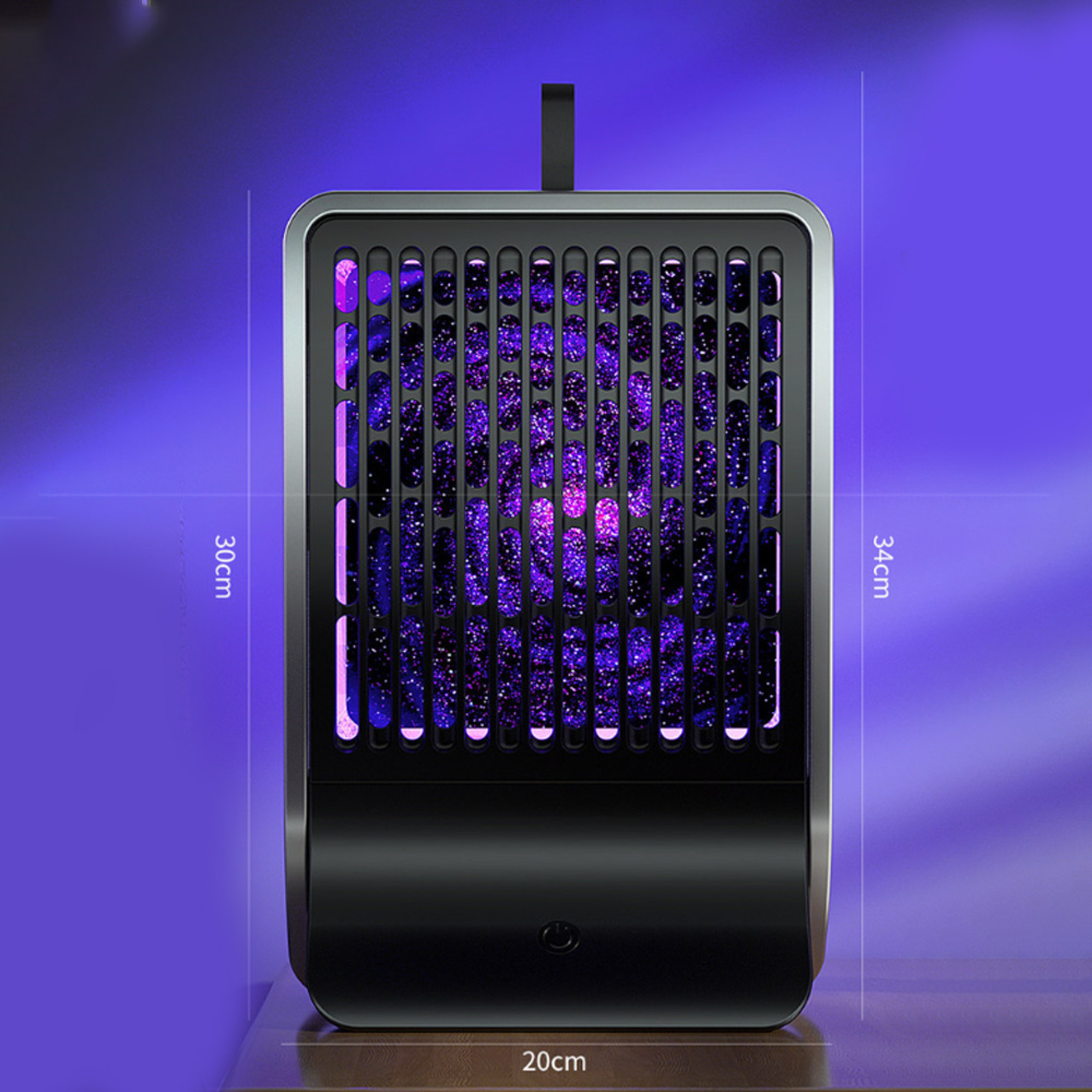 Ein schwarzer Moskito-Killer mit violettem Licht und Gitterstruktur.