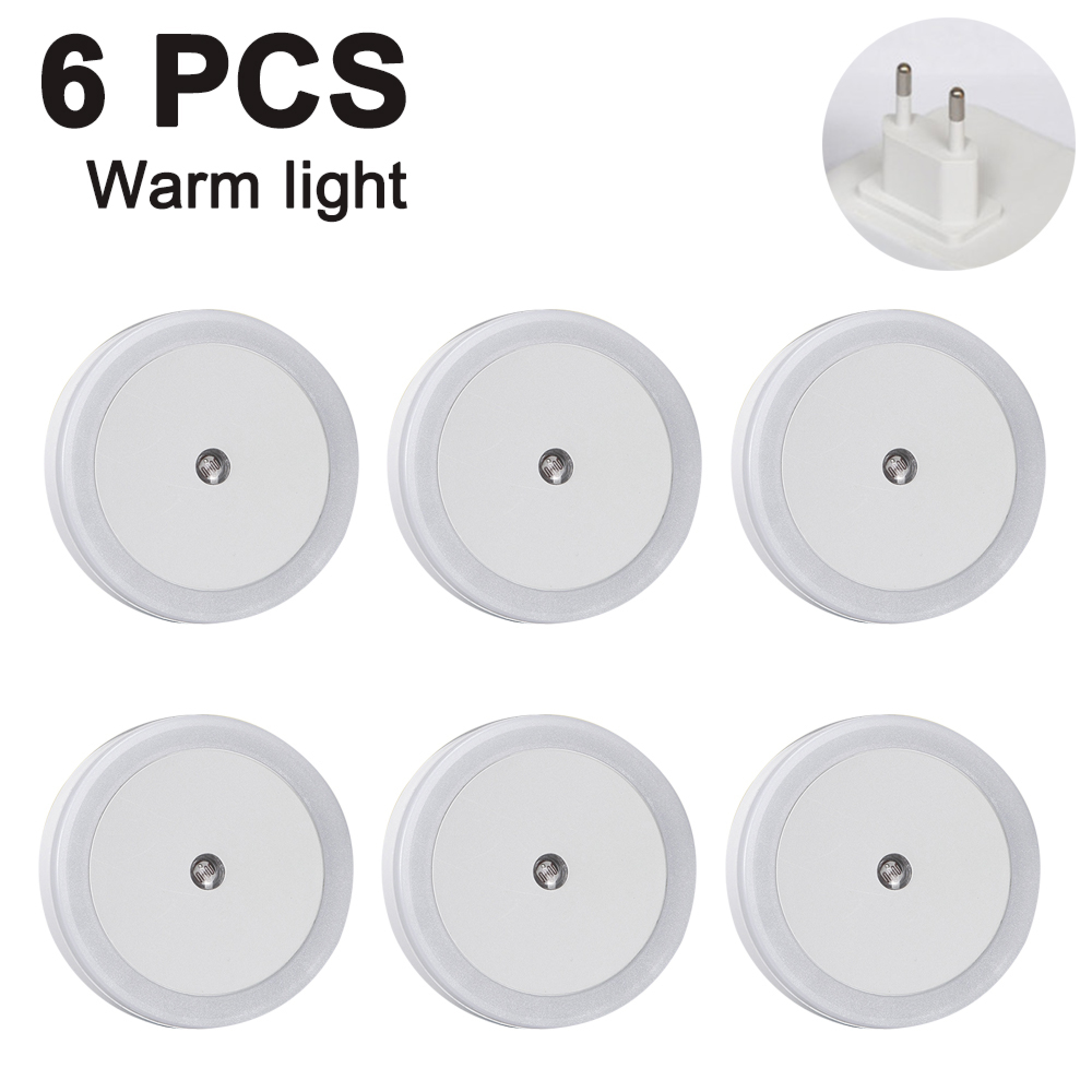 Sechs runde weiße Nachtlichter mit warmem Licht und einem Stecker.