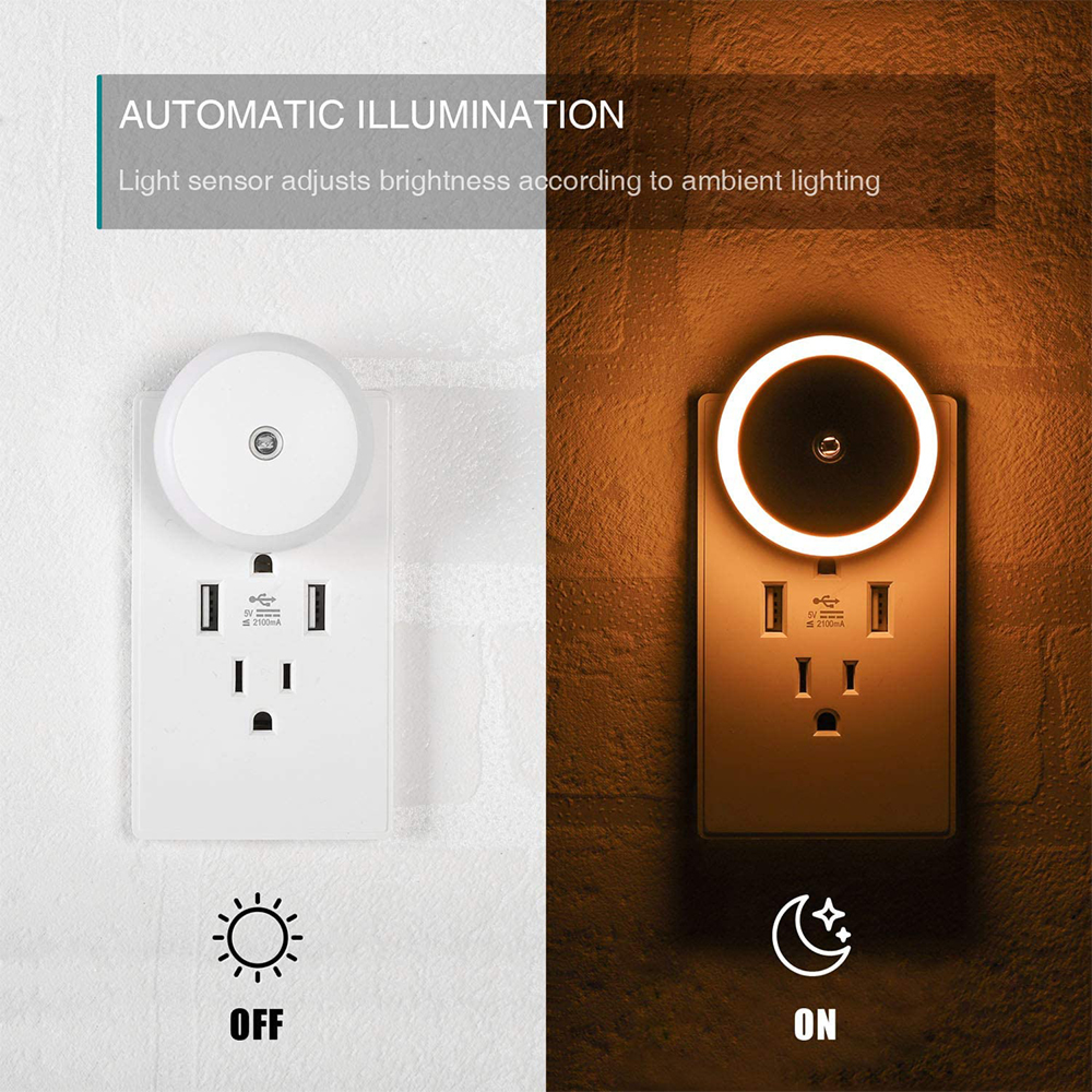 Ein Nachtlicht mit zwei USB-Anschlüssen schaltet sich automatisch ein/aus.