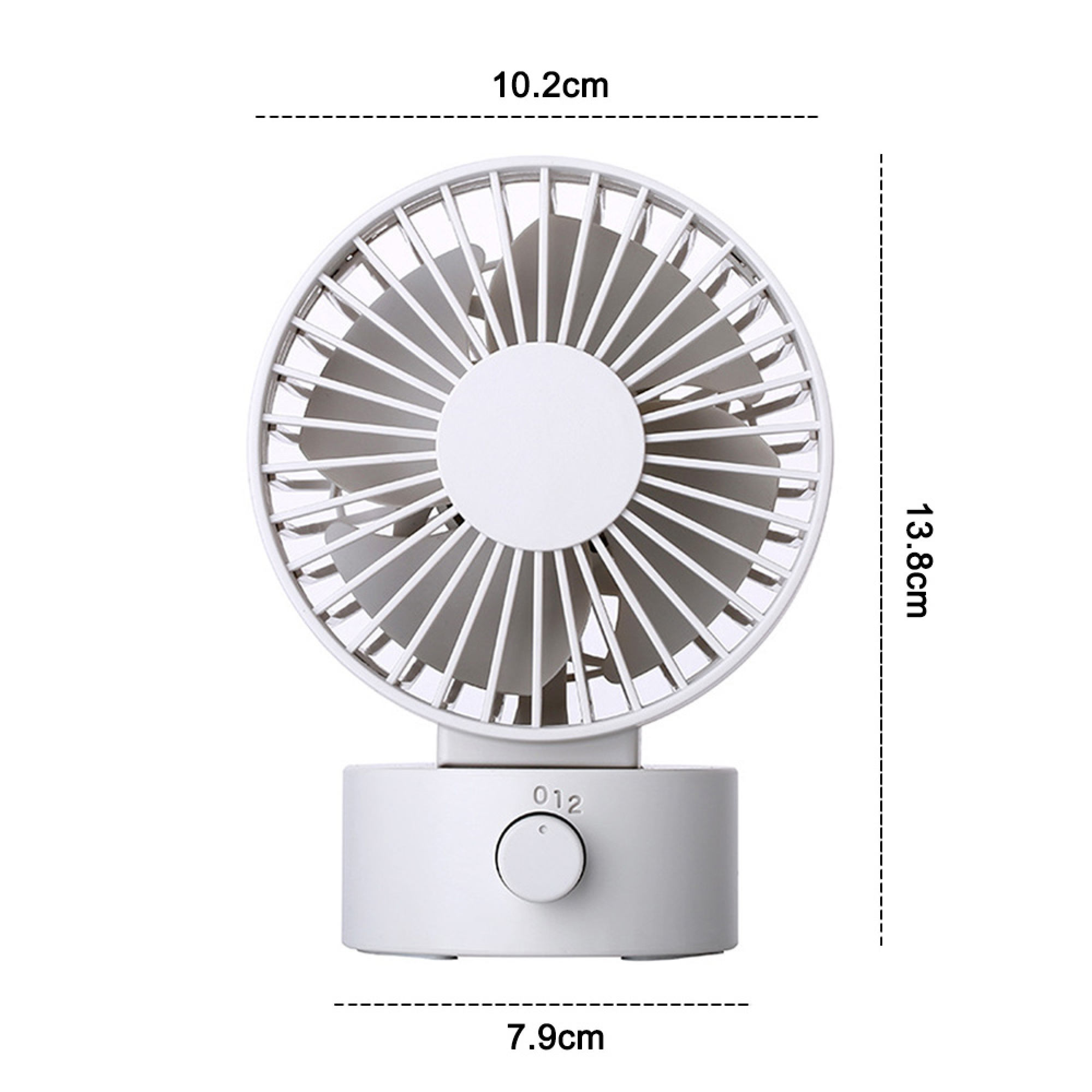 Ein kleiner weißer Ventilator mit einem Drehknopf und Maßen.