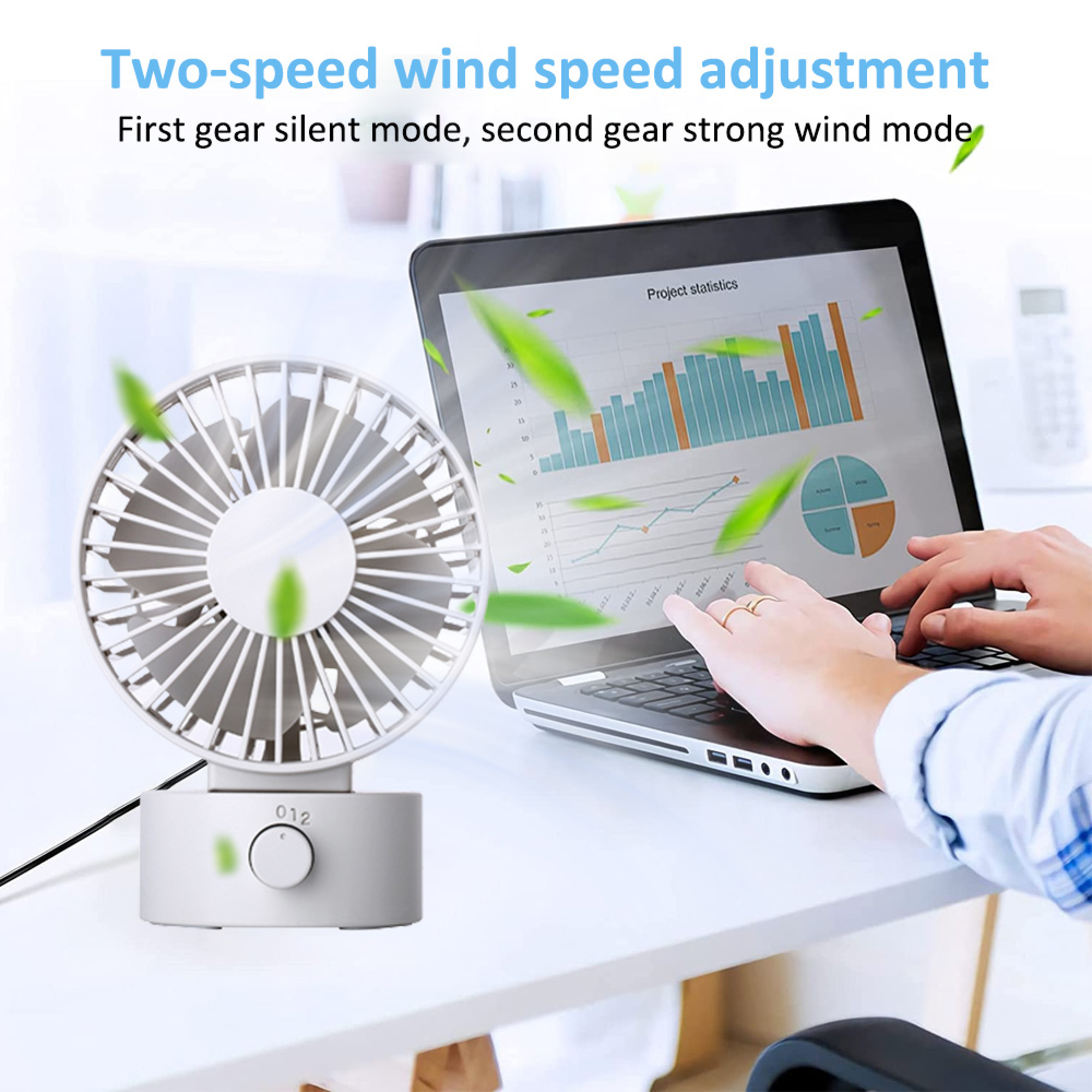 Ein kleiner weißer Ventilator steht neben einem Laptop mit Diagrammen.