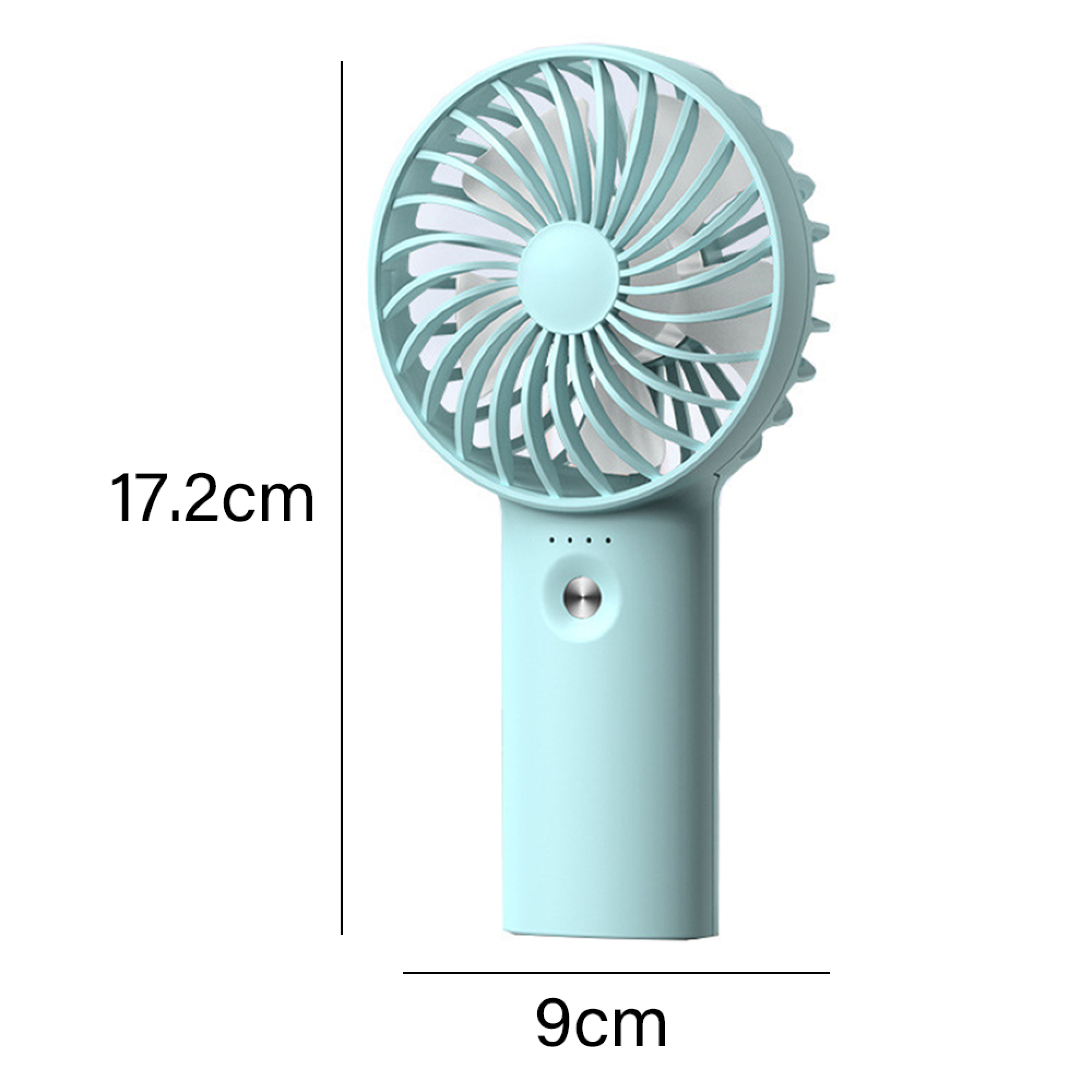 Ein kleiner, hellblauer Ventilator mit einem runden Kopf und einem Griff.