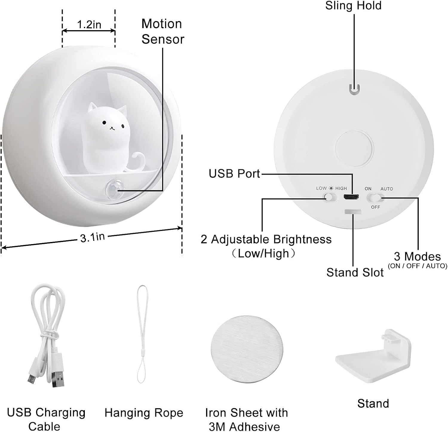 Ein weißes Nachtlicht mit Katzenmotiv, USB-Anschluss und Zubehör.