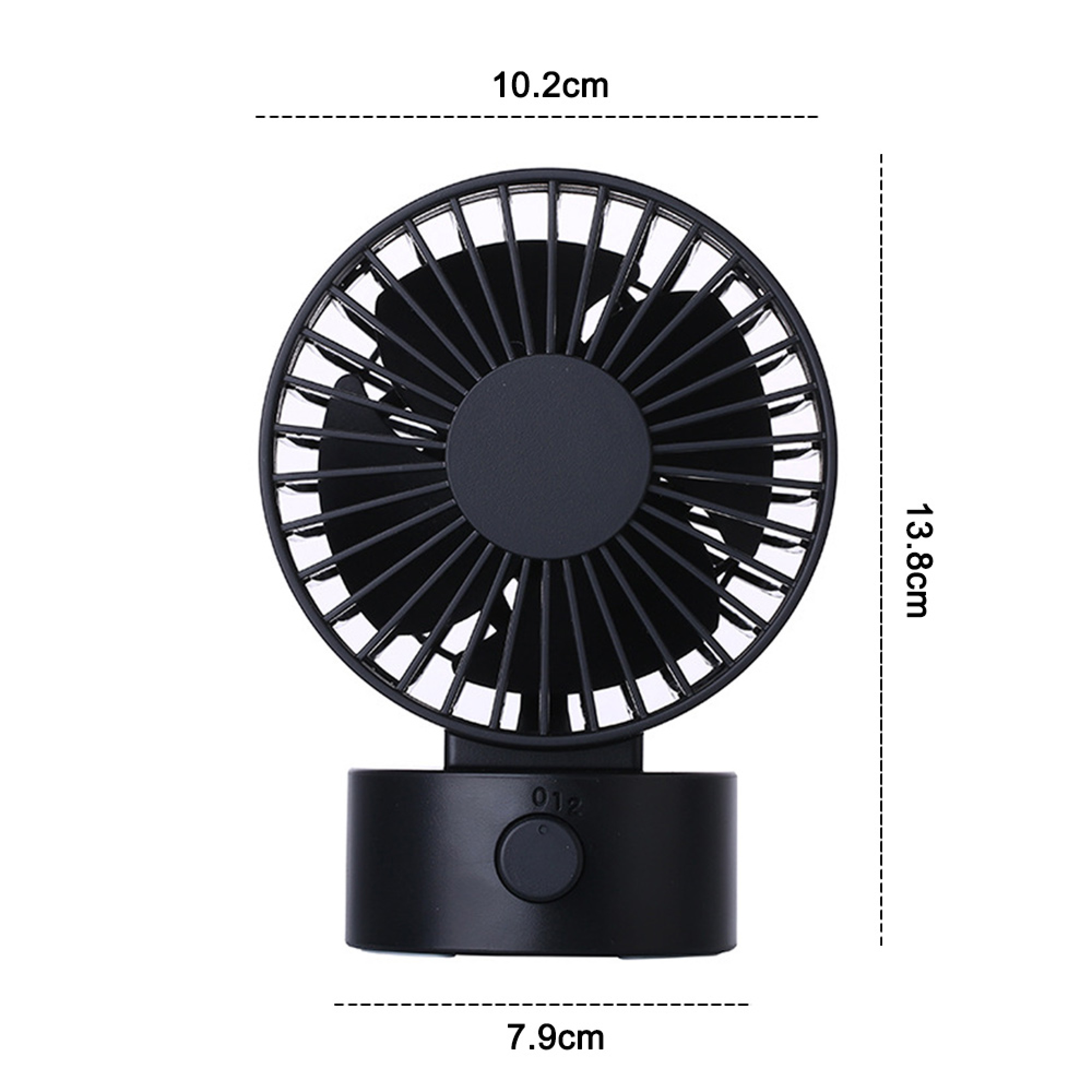 Ein kleiner schwarzer Ventilator mit einem runden Sockel und Bedienelementen.