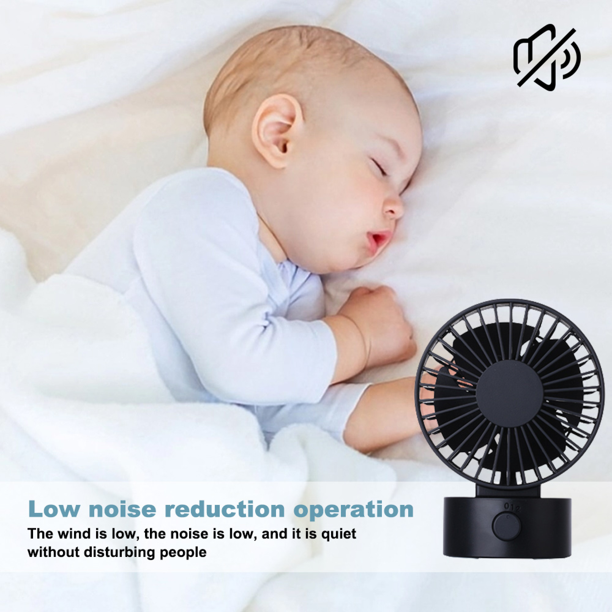 Ein schlafendes Baby neben einem schwarzen Ventilator mit einem Lautlos-Symbol.