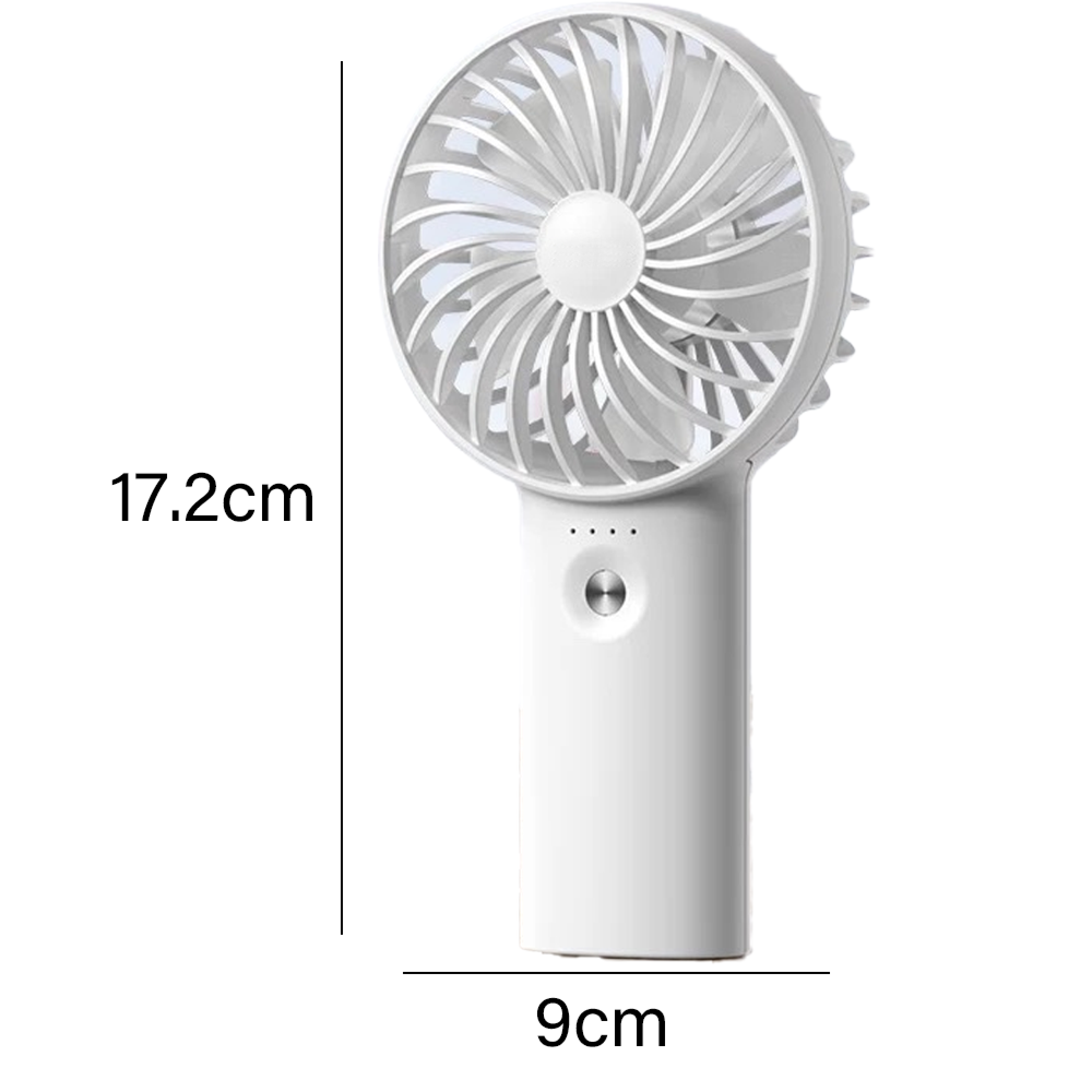 Ein weißer Handventilator mit einem runden Kopf und einem Griff. Maße: 17,2 cm hoch, 9 cm breit.