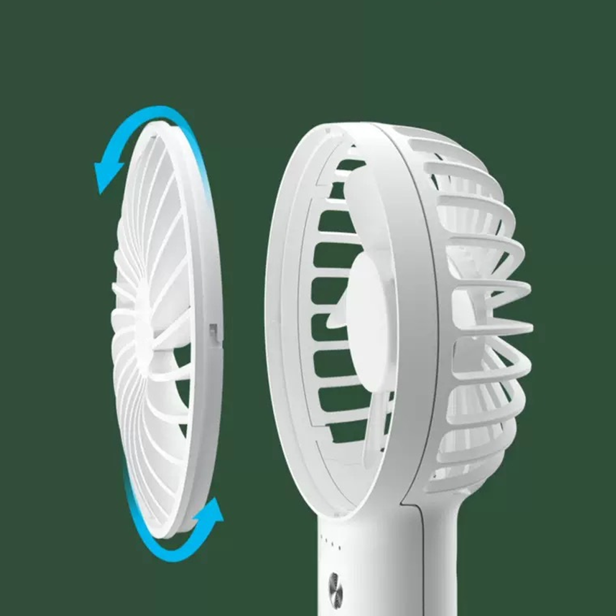 Ein weißer Ventilator mit Rotorblättern und Schutzgitter vor dunklem Hintergrund.