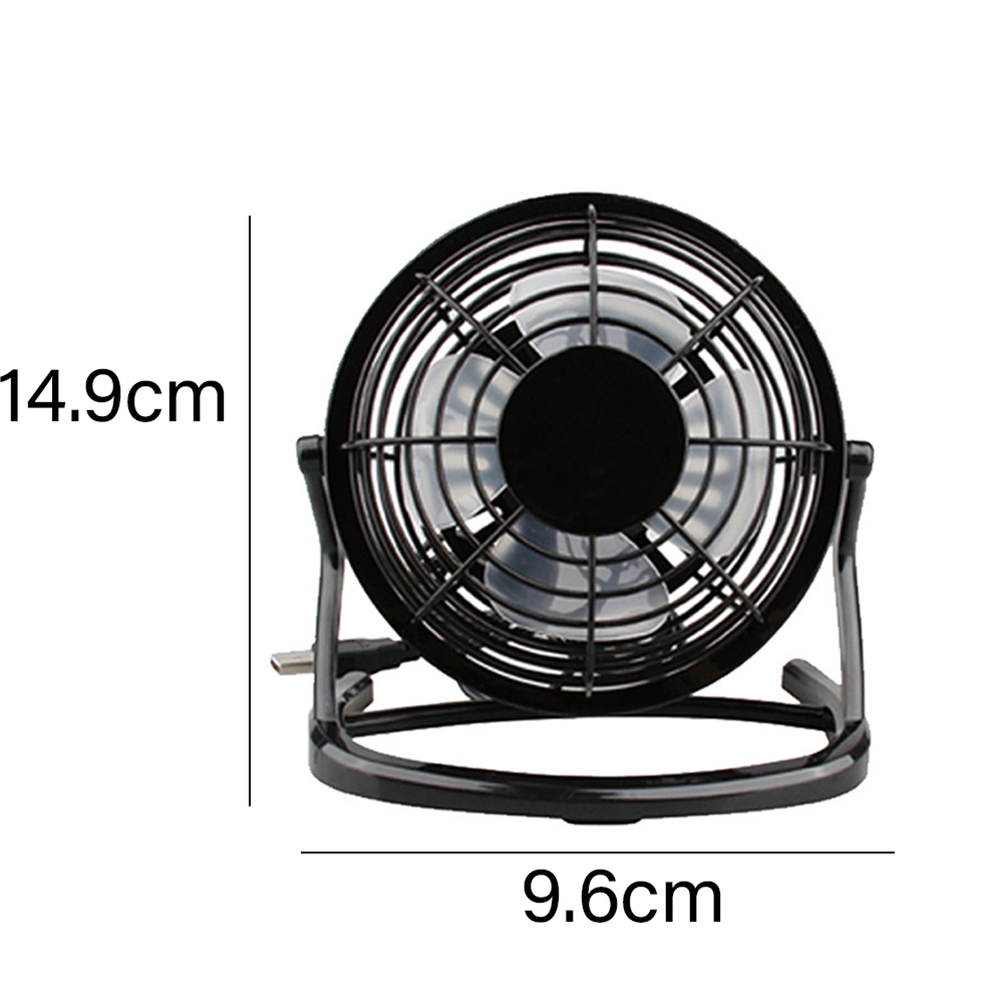 Ein kleiner schwarzer USB-Ventilator mit Metallgitter und schwarzem Rahmen.