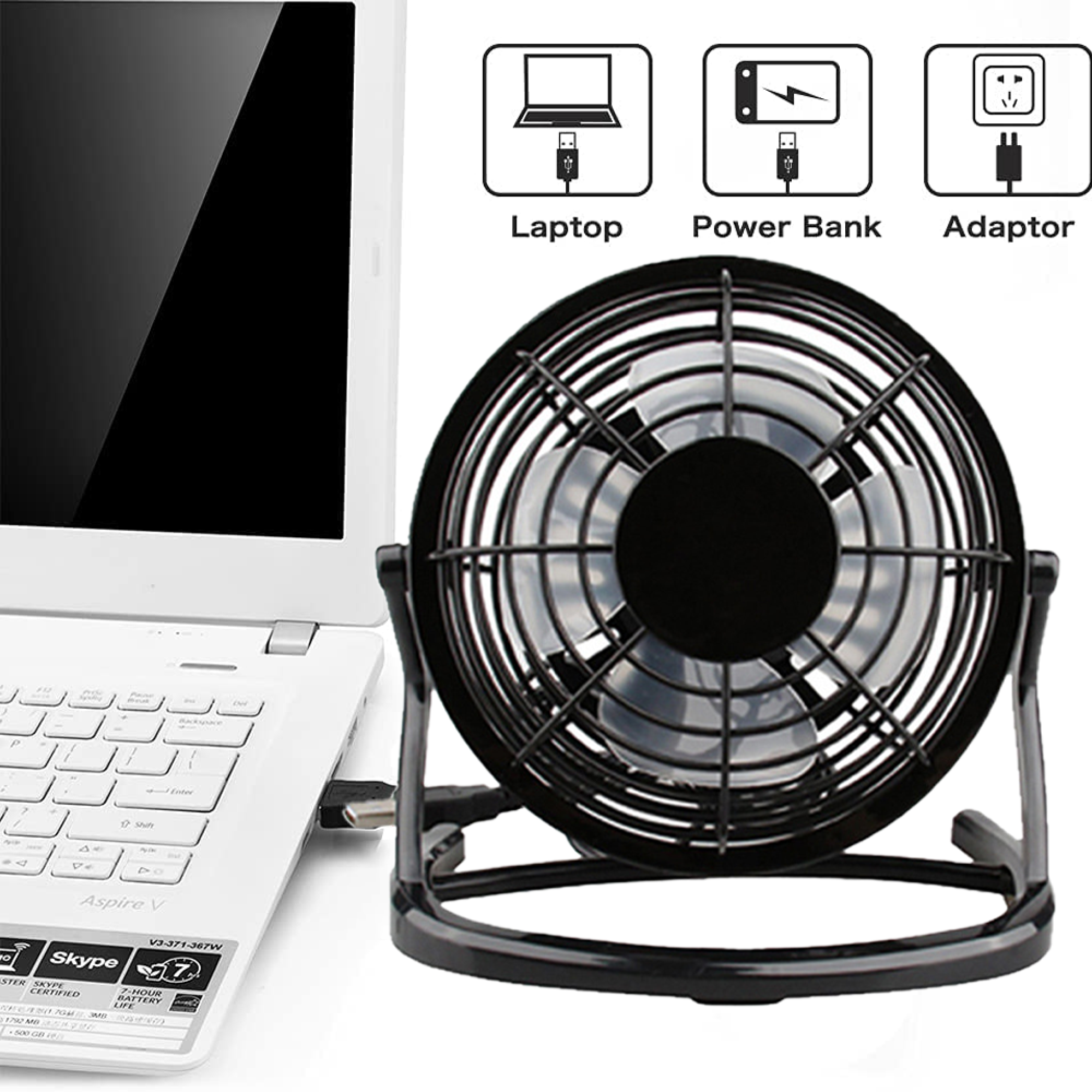 Ein weißer Laptop neben einem schwarzen USB-Ventilator. Drei Symbole zeigen Laptop, Powerbank und Adapter.