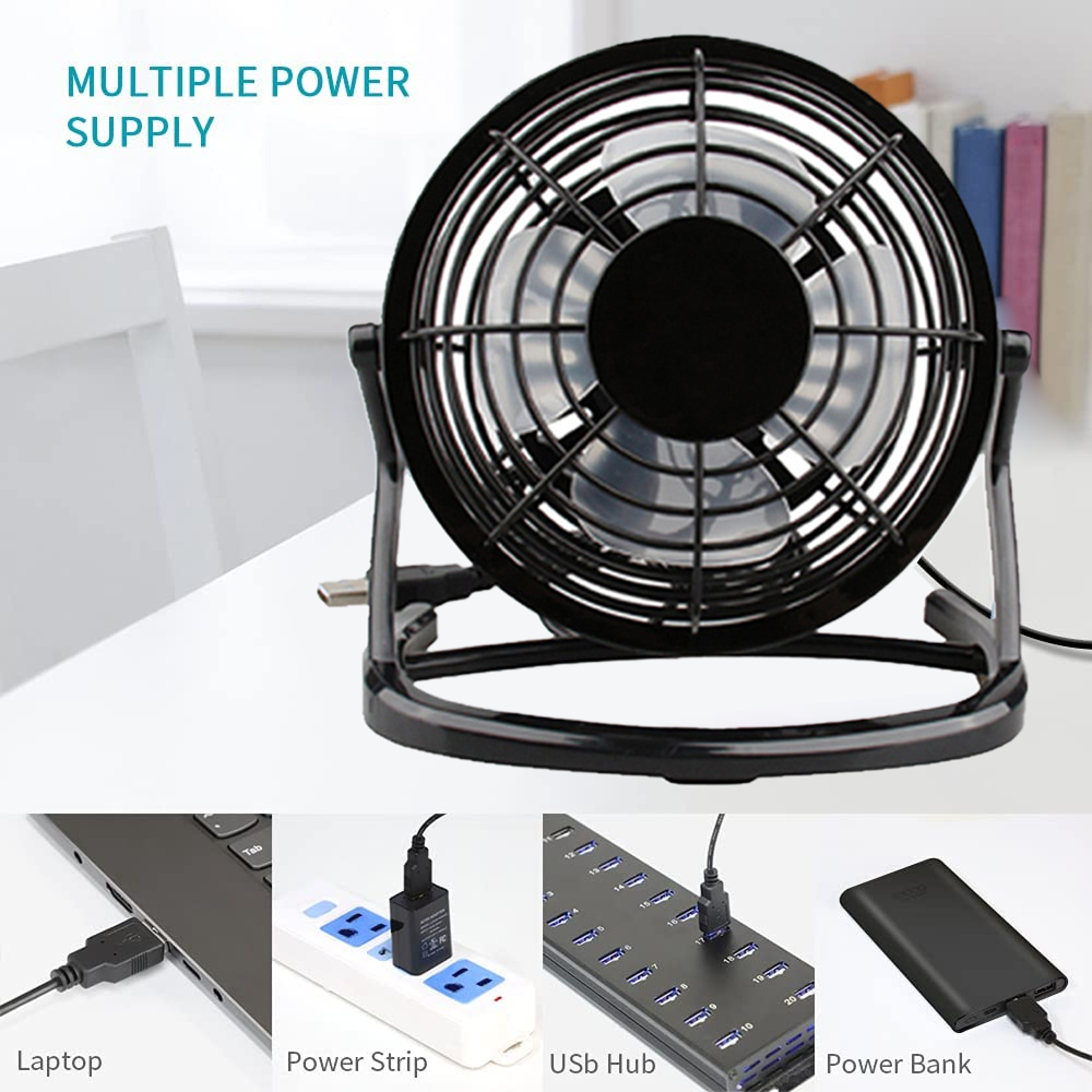 Schwarzer Ventilator, Laptop, Steckdosenleiste, USB-Hub und Powerbank.
