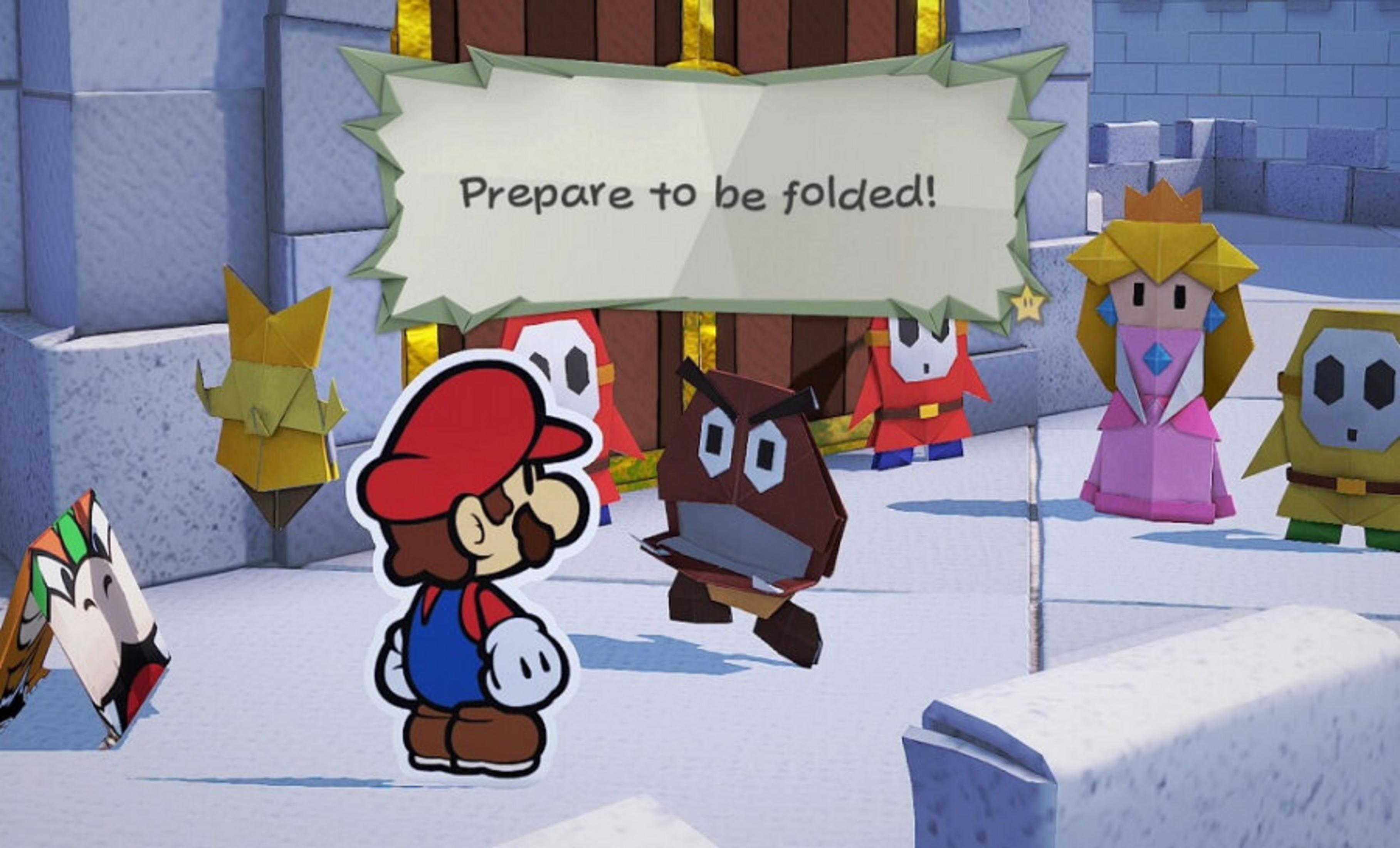 Mario e la Principessa Peach sono davanti a una porta. Sono presenti anche un Goomba e degli Shy Guy.