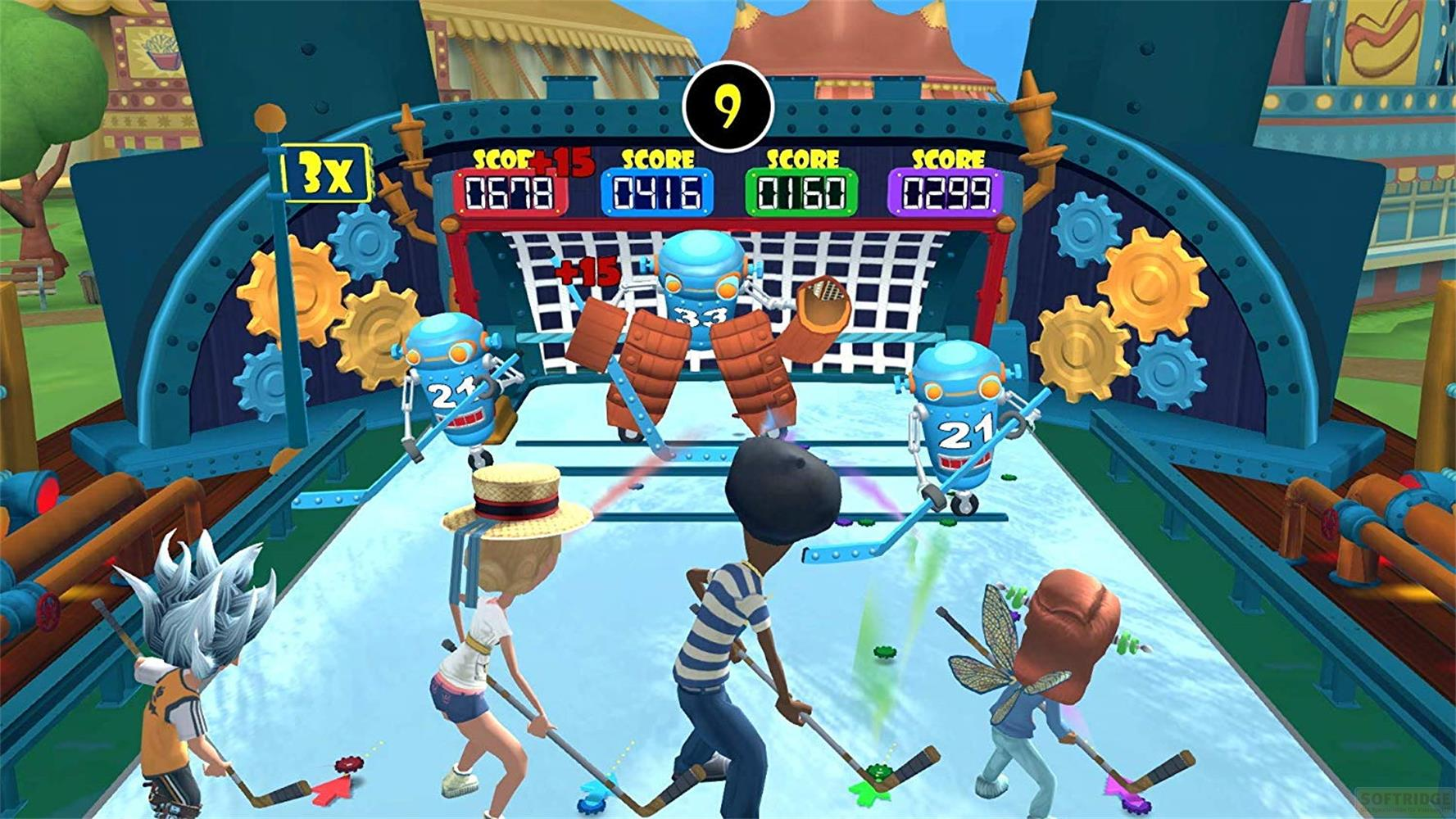 Kinder spielen Hockey gegen Roboter-Torwarte mit Punktetafel.