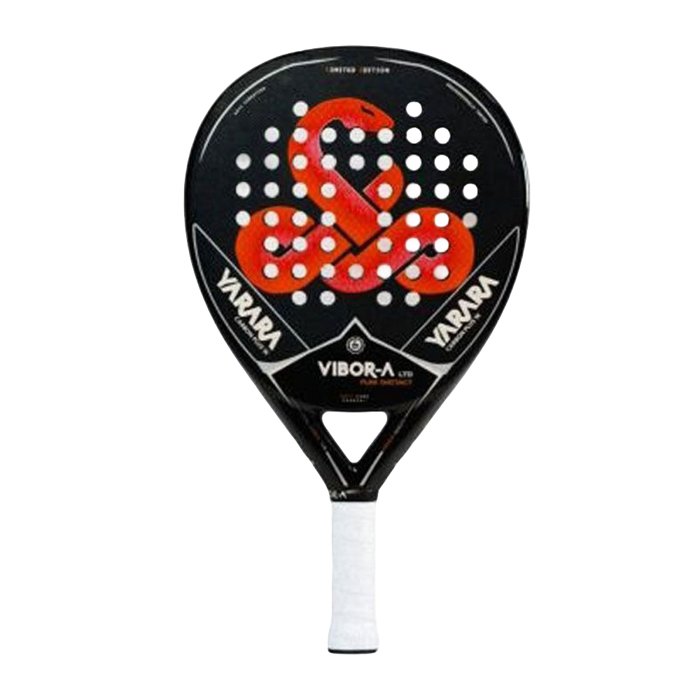 Pala negra con diseño de serpiente roja y puntos blancos.