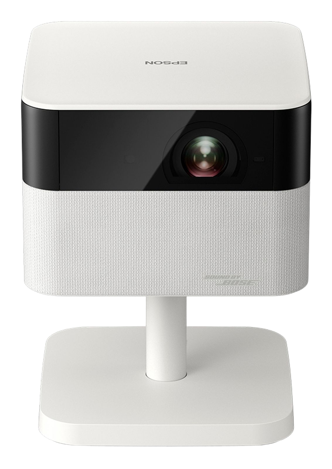 Un projecteur Epson blanc avec façade et objectif noirs repose sur un pied.