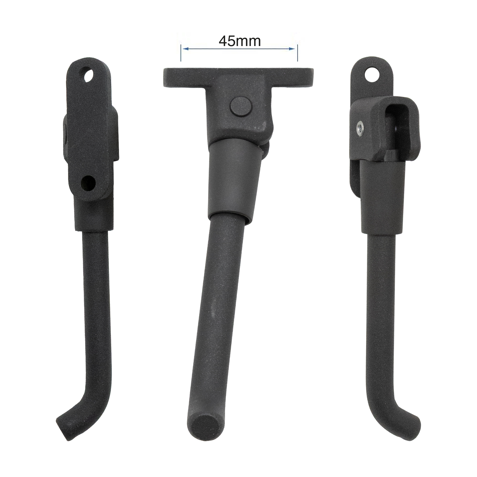 Tres caballetes negros para bicicleta en diferentes ángulos con indicador de 45mm.