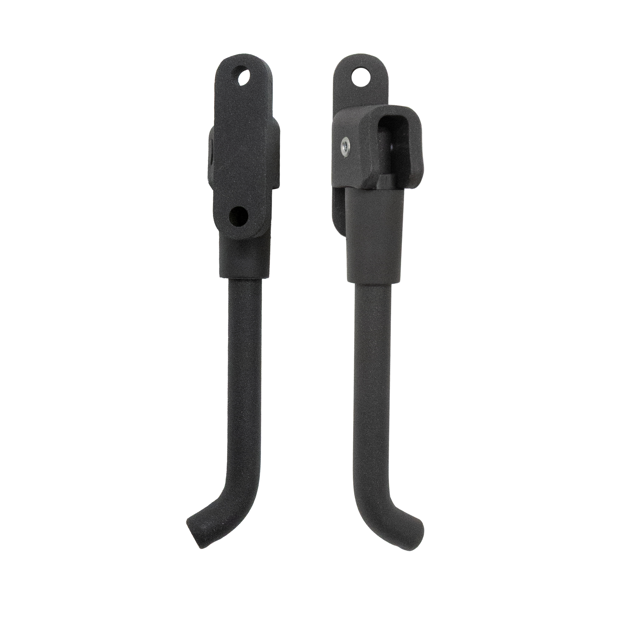 Dos caballetes negros para bicicleta con pies curvos sobre fondo blanco.
