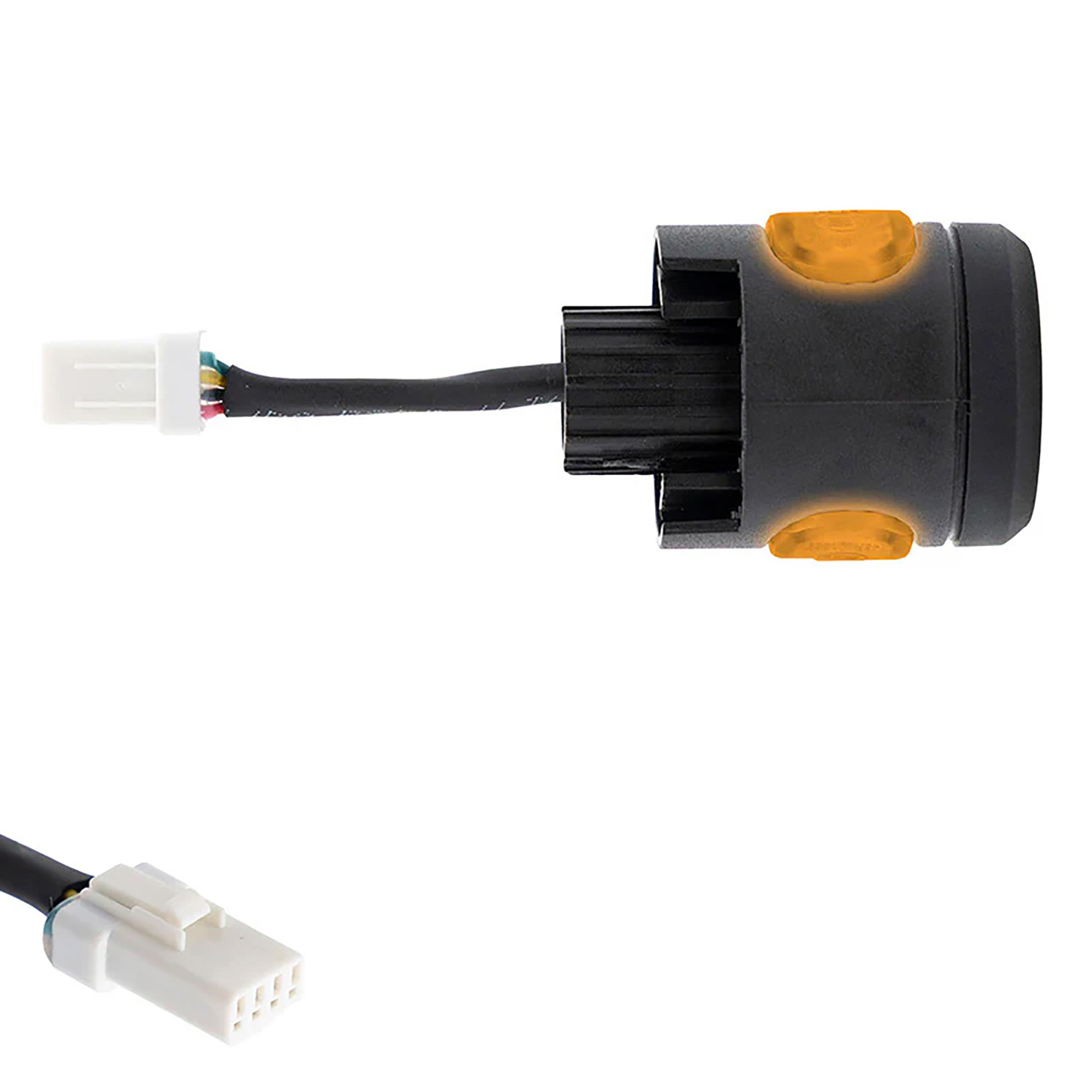 Un conector negro con luces naranjas y cables, conector blanco.