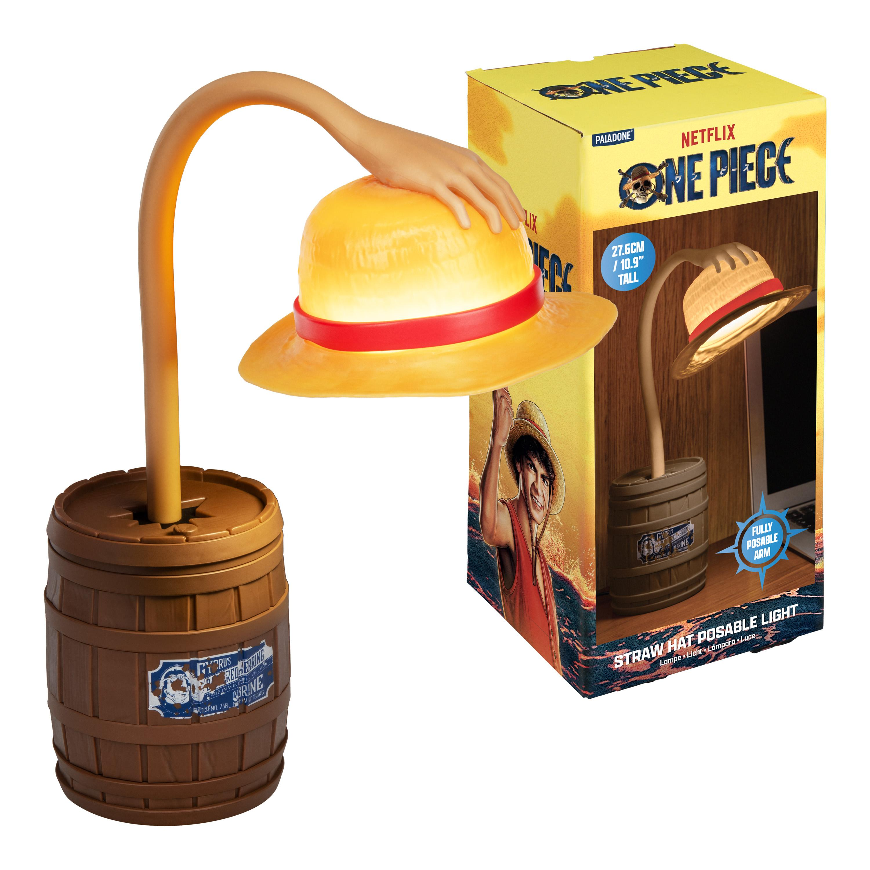 Una lámpara con forma de barril, un sombrero de paja como pantalla y un brazo que lo sostiene.