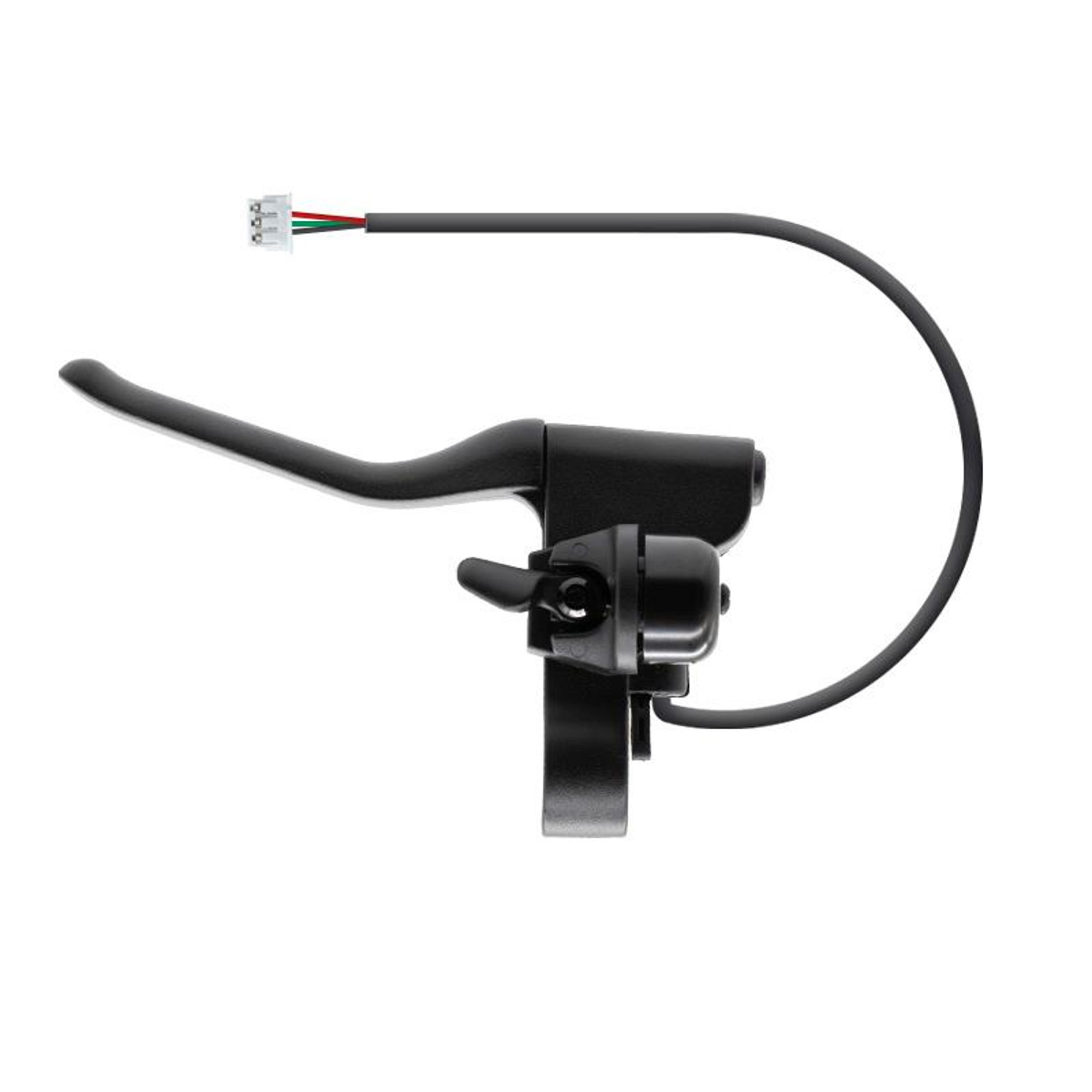 Maneta de freno de bicicleta negra con cable y conector sobre fondo blanco.