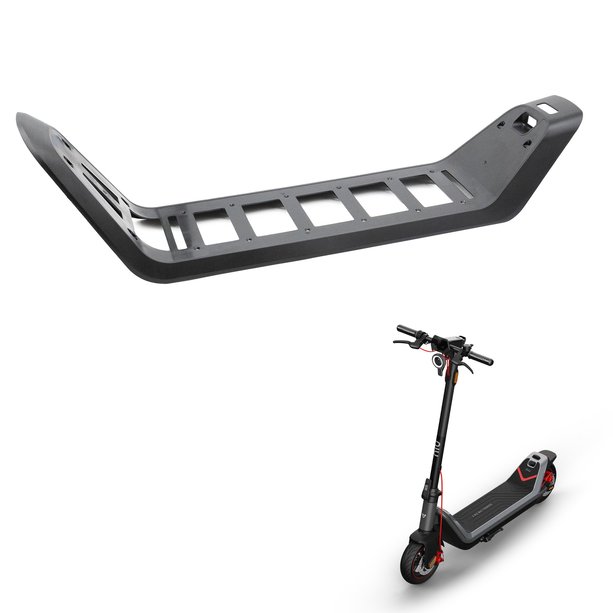 Patinete eléctrico negro con un marco abierto encima. Fondo blanco.