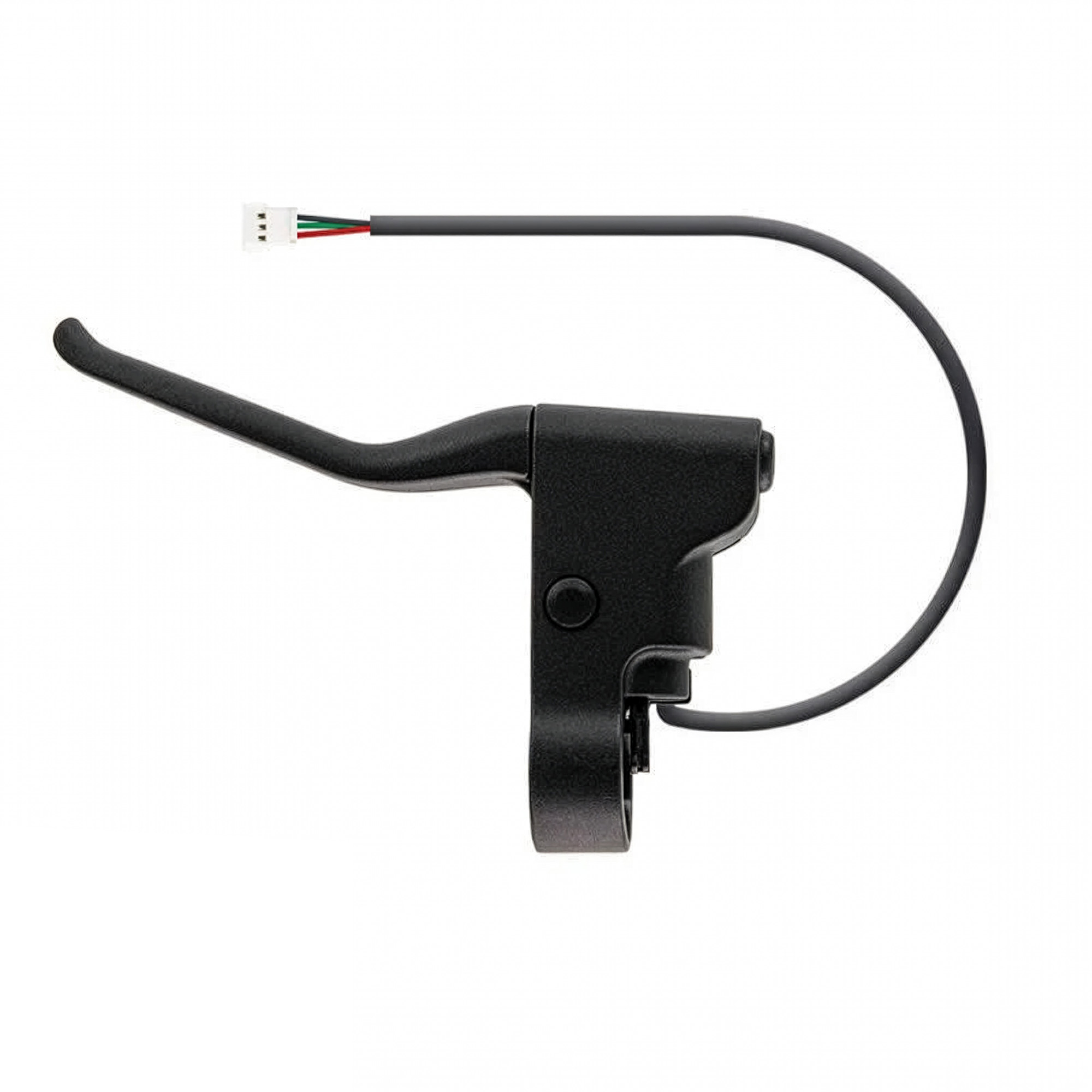 Maneta de freno negra con cable de tres hilos y conector blanco.