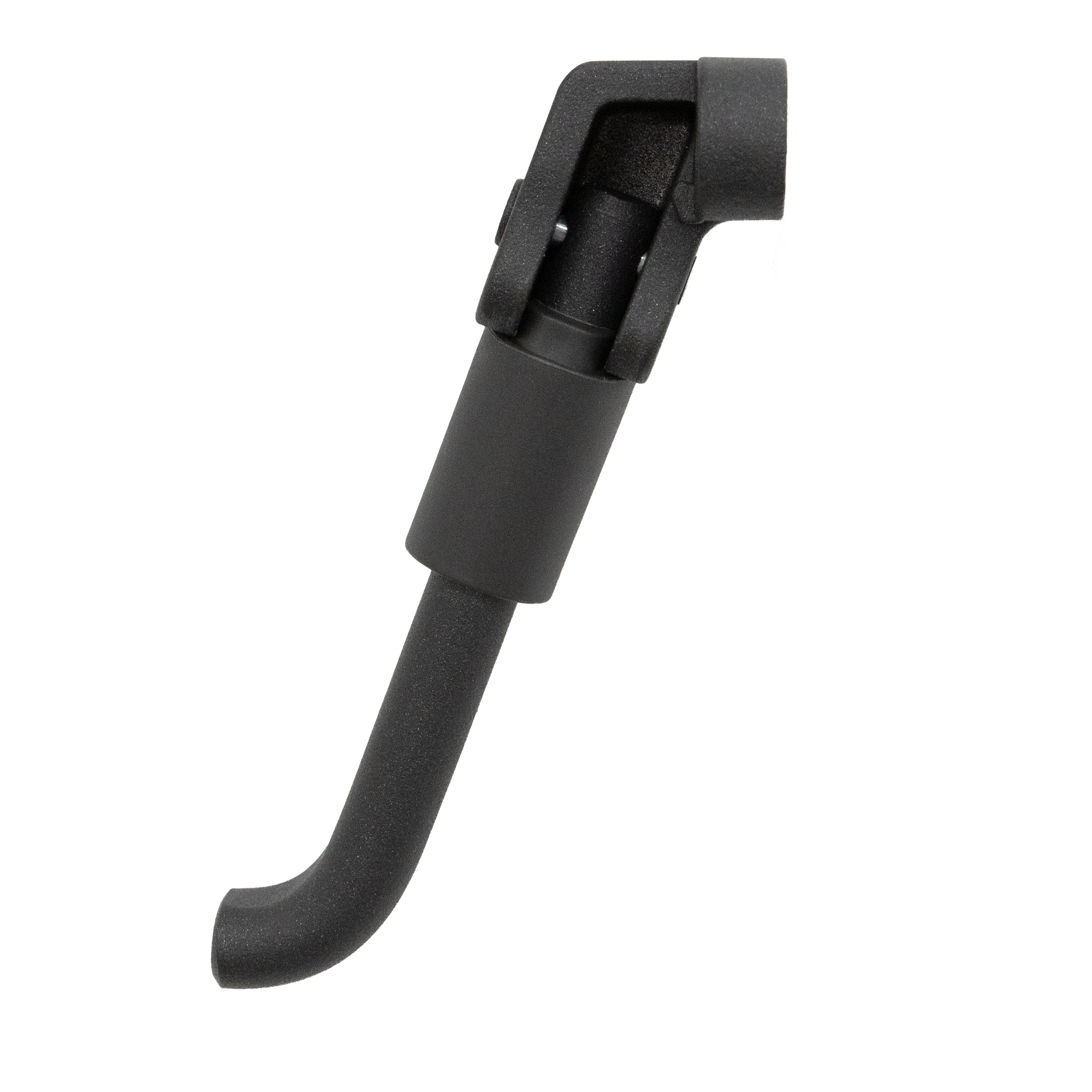 Pata de cabra negra para bicicleta con articulación y pie curvo sobre fondo blanco.