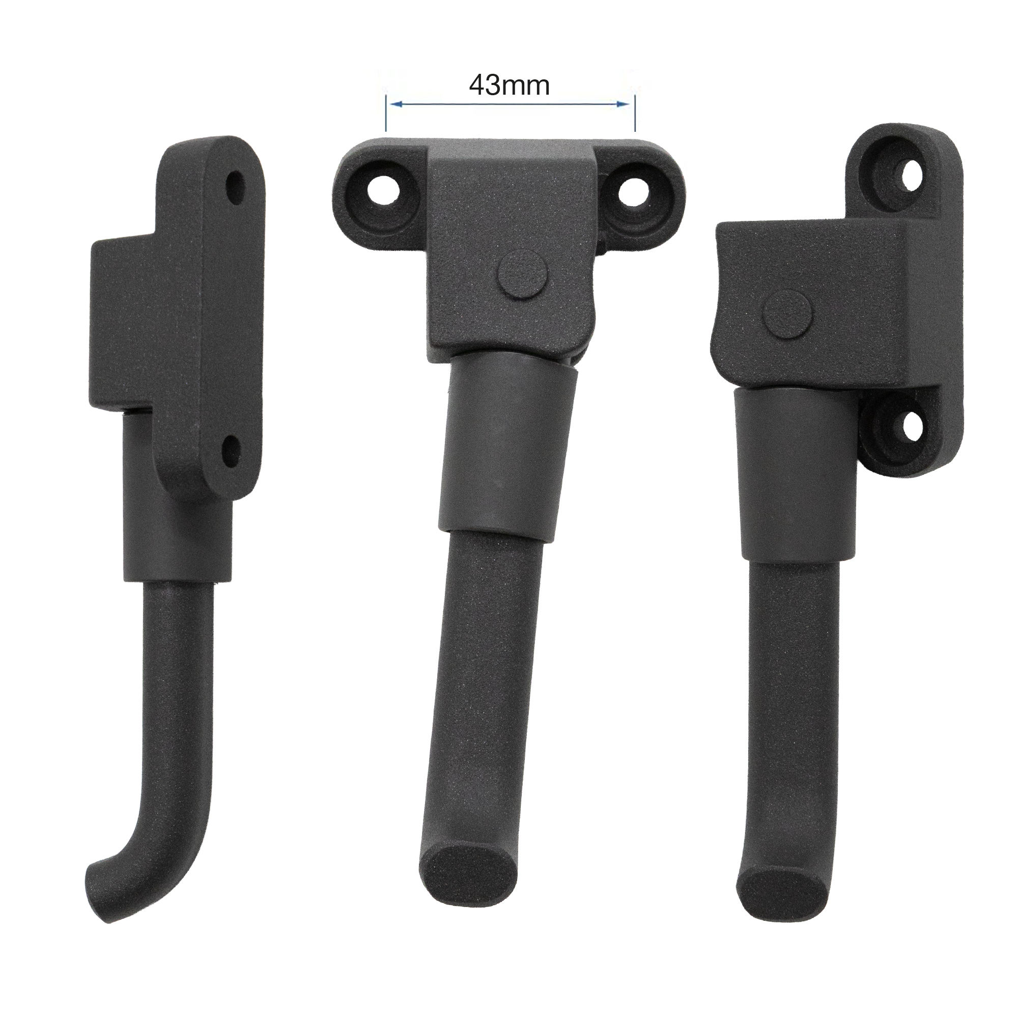 Tres perchas negras para guitarra en diferentes ángulos con medidas.