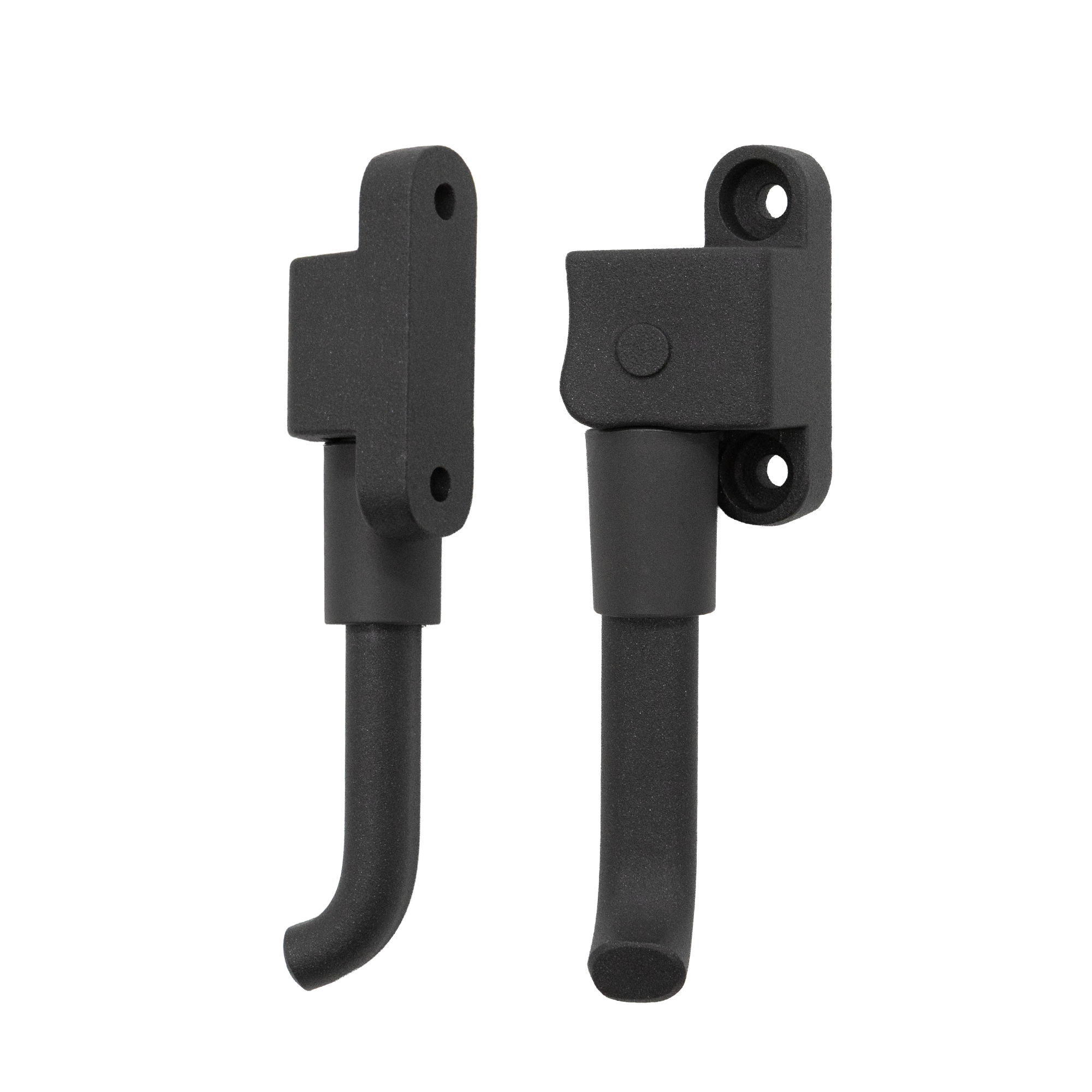 Dos soportes de pared negros con ganchos, diseñados para guitarras o instrumentos similares.