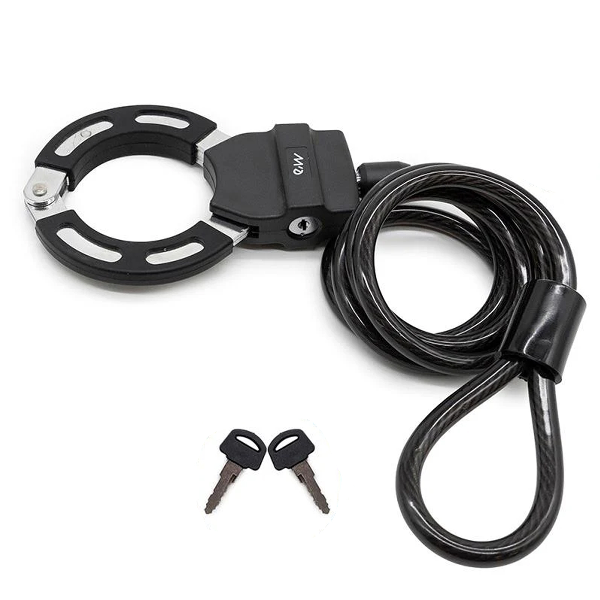 Candado negro para bicicleta con dos llaves, sobre fondo blanco.