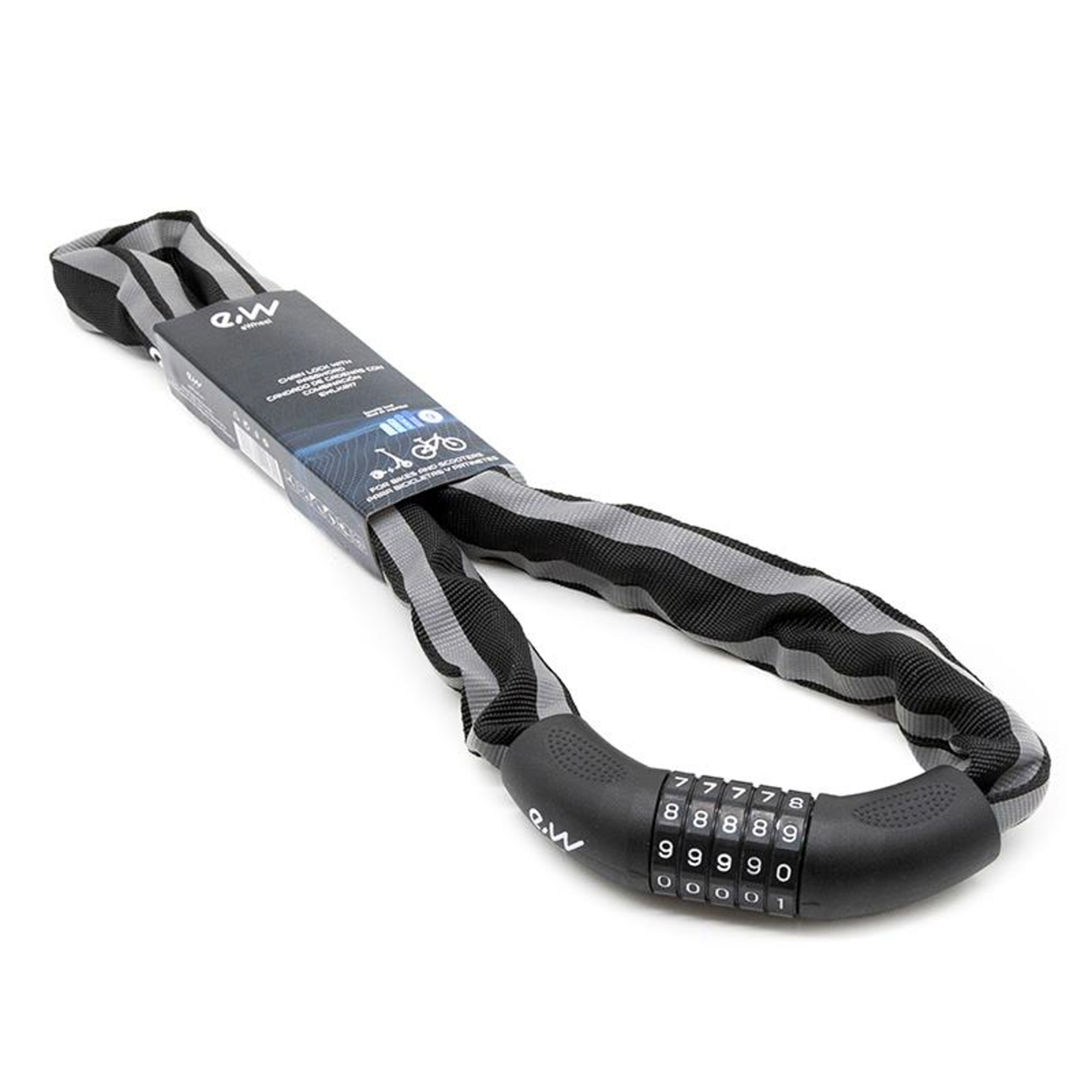 Un candado de cadena de combinación negro y gris para bicicletas con cerradura numérica.