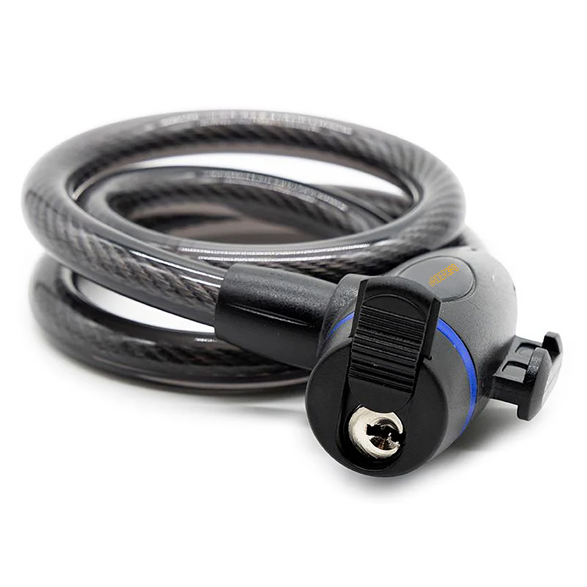 Un candado de cable negro con ojo de cerradura y anillo azul sobre fondo blanco.