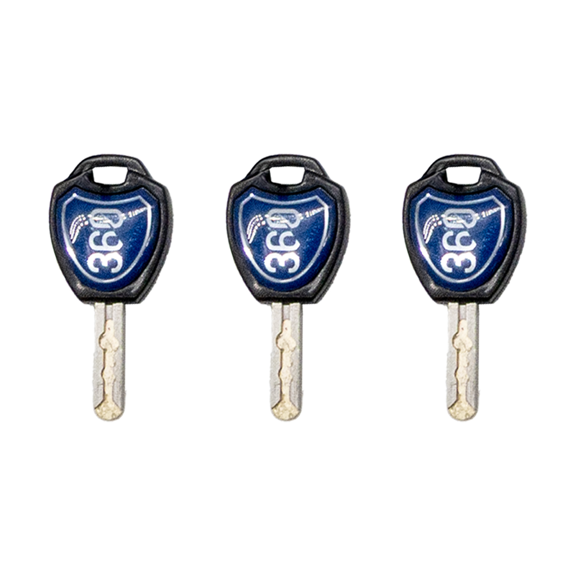 Tres llaves con cabezales azules en forma de escudo que muestran el número 360.