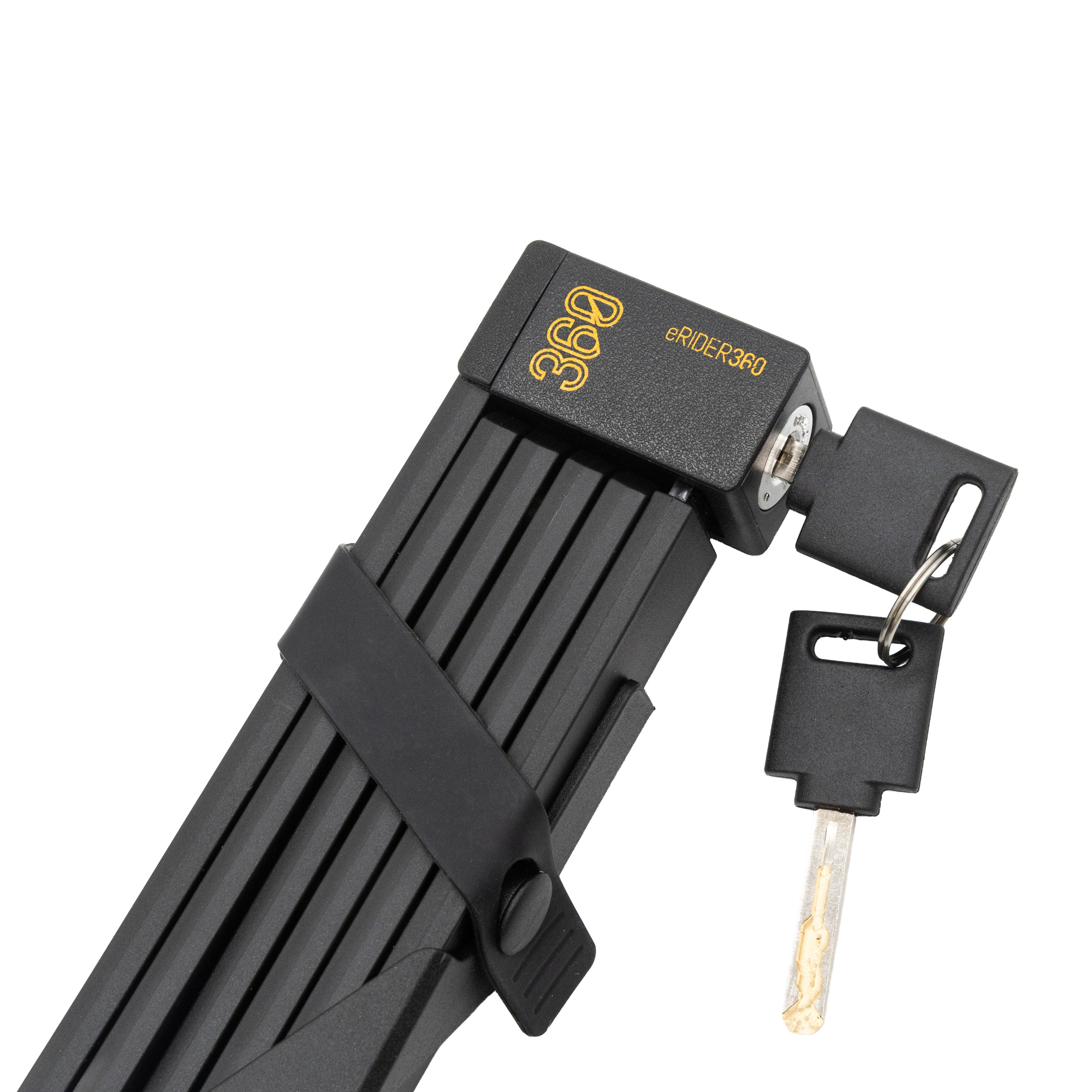 Un candado plegable negro para bicicleta con llaves, sobre fondo blanco.