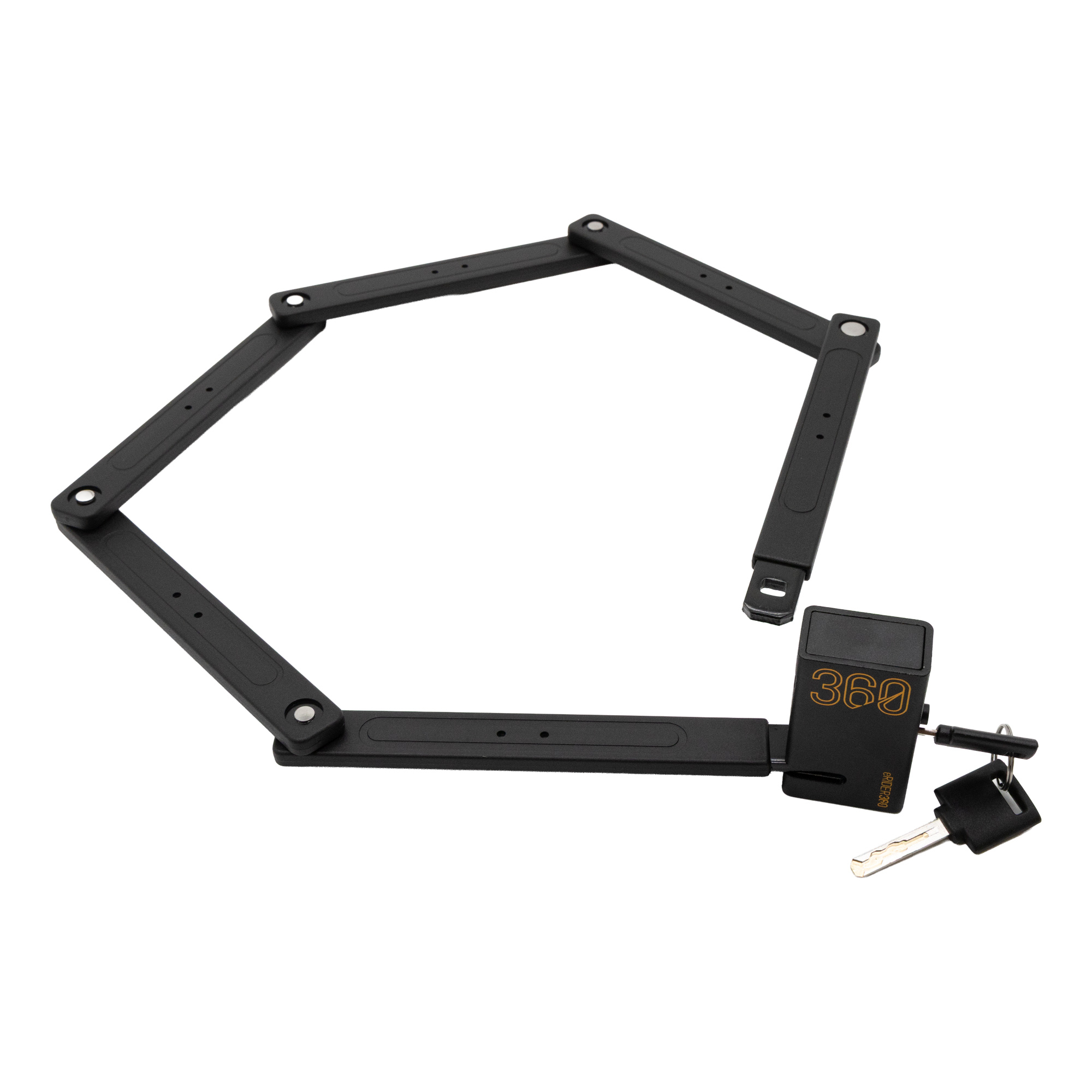 Candado plegable negro con llaves sobre fondo blanco.