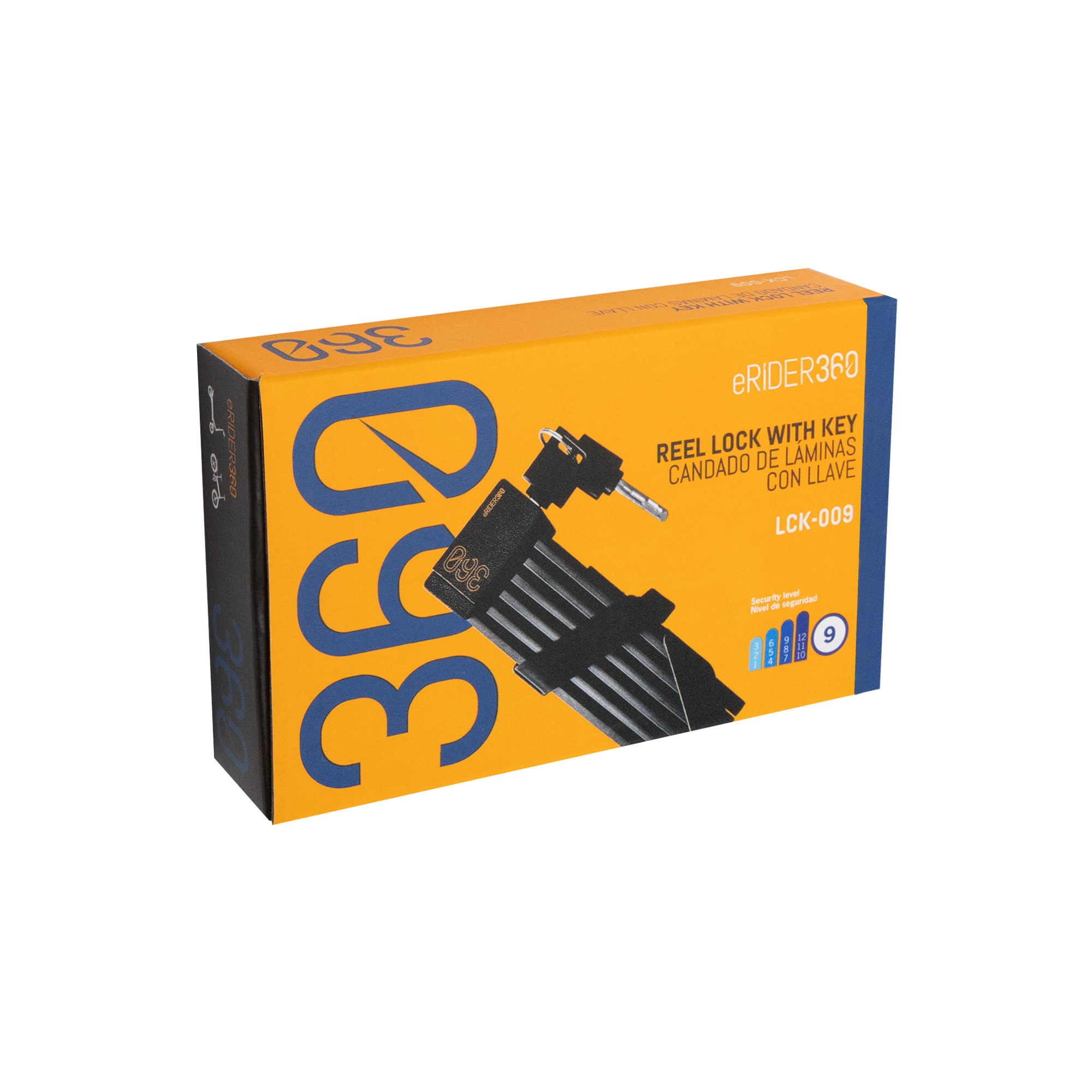 Embalaje para candado enrollable con llave, naranja y azul.