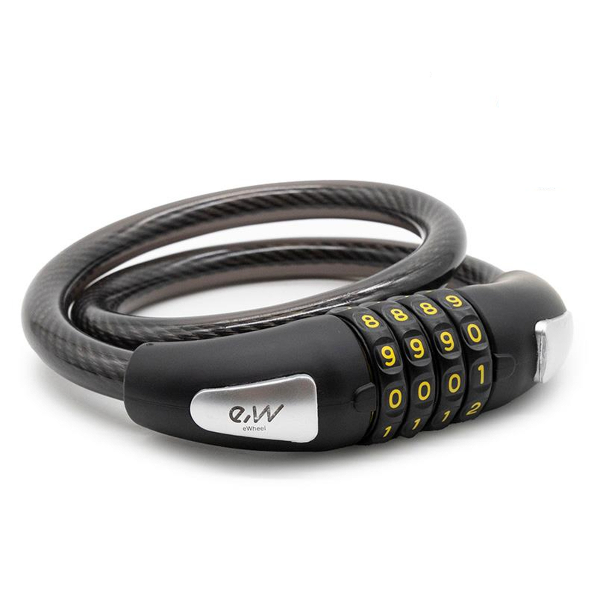 Un candado negro para bicicleta con dial de combinación sobre fondo blanco.