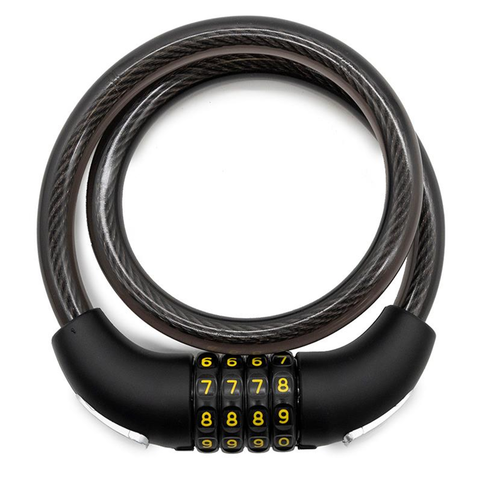 Un candado de bicicleta negro con dial de combinación y cable trenzado.
