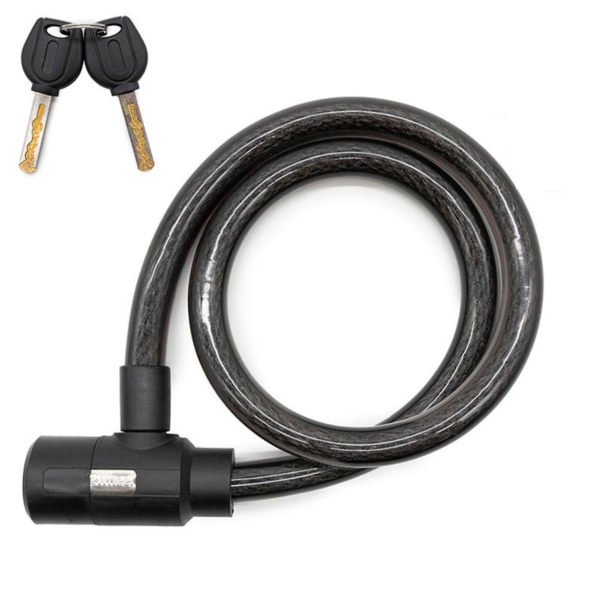 Un candado de cable negro con dos llaves sobre fondo blanco.